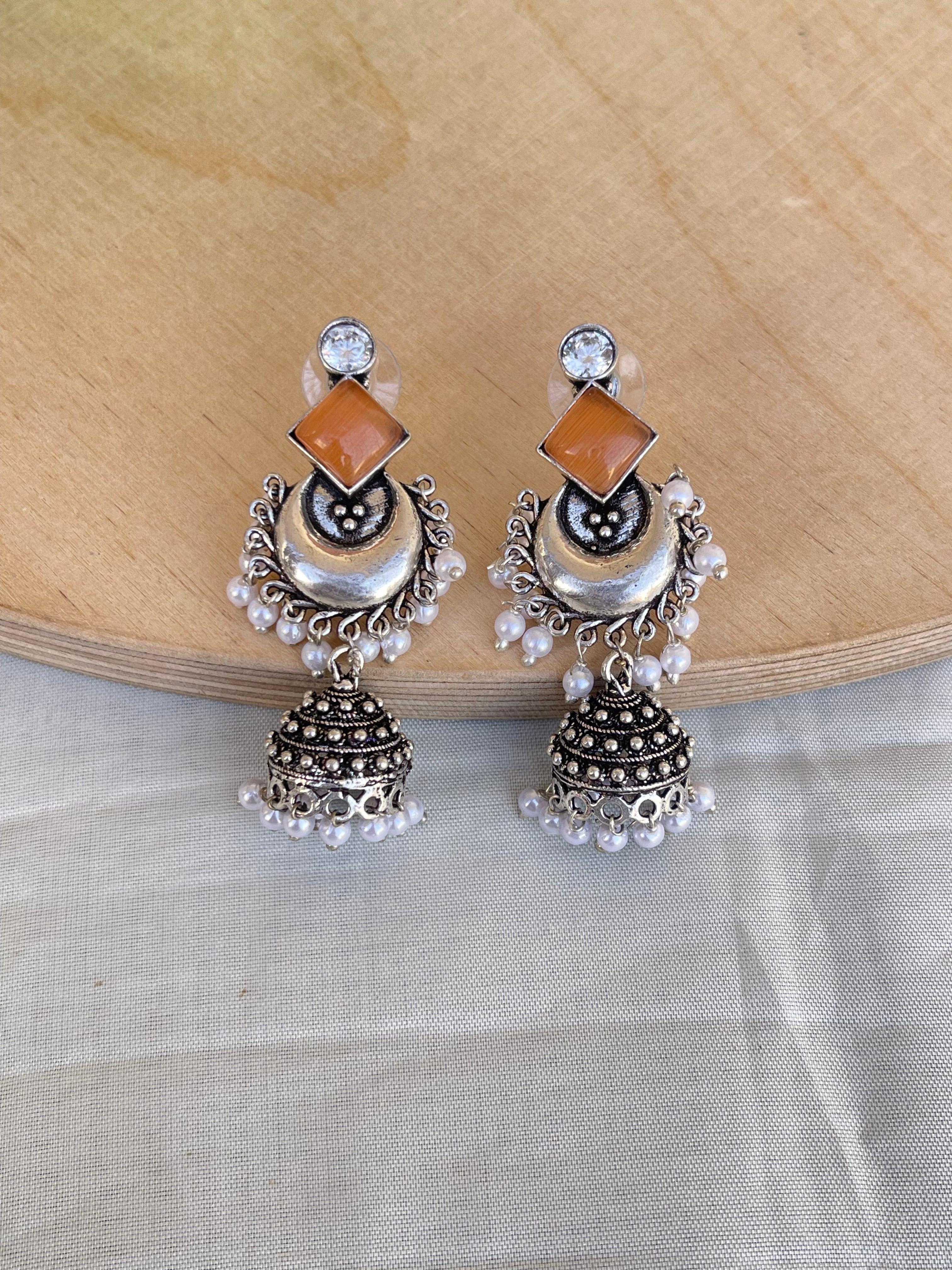 Lightweight chandbutta oxidised pearl hanging earrings