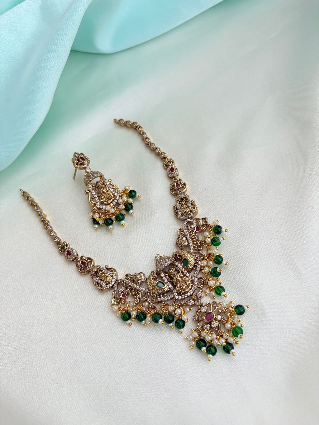 Premium Antique Finish Goddess Lakshmi CZ and Emerald Green beaded Short Neckset Ns839