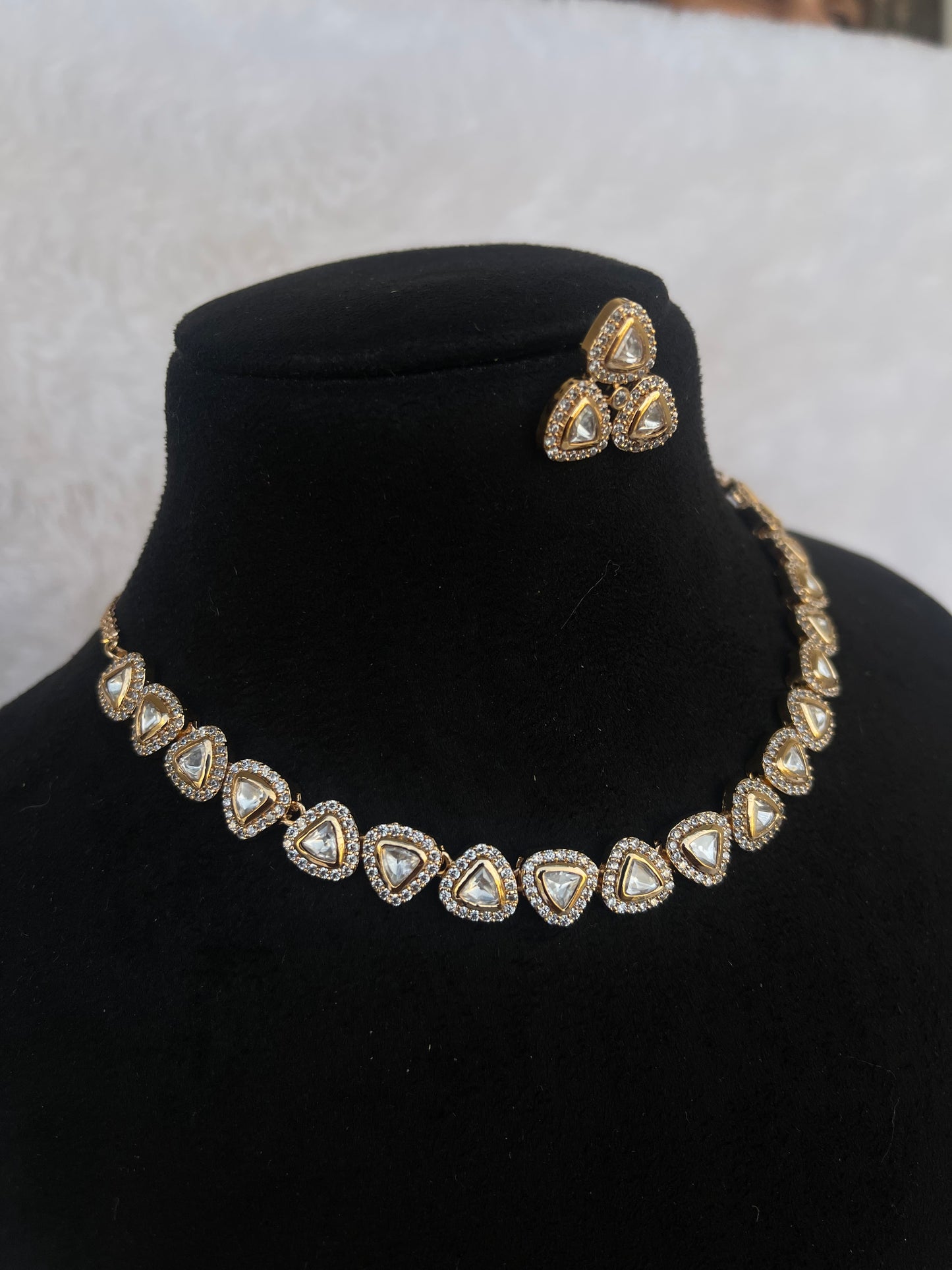 Triangle Moissanite kundan premium neckset with earrings