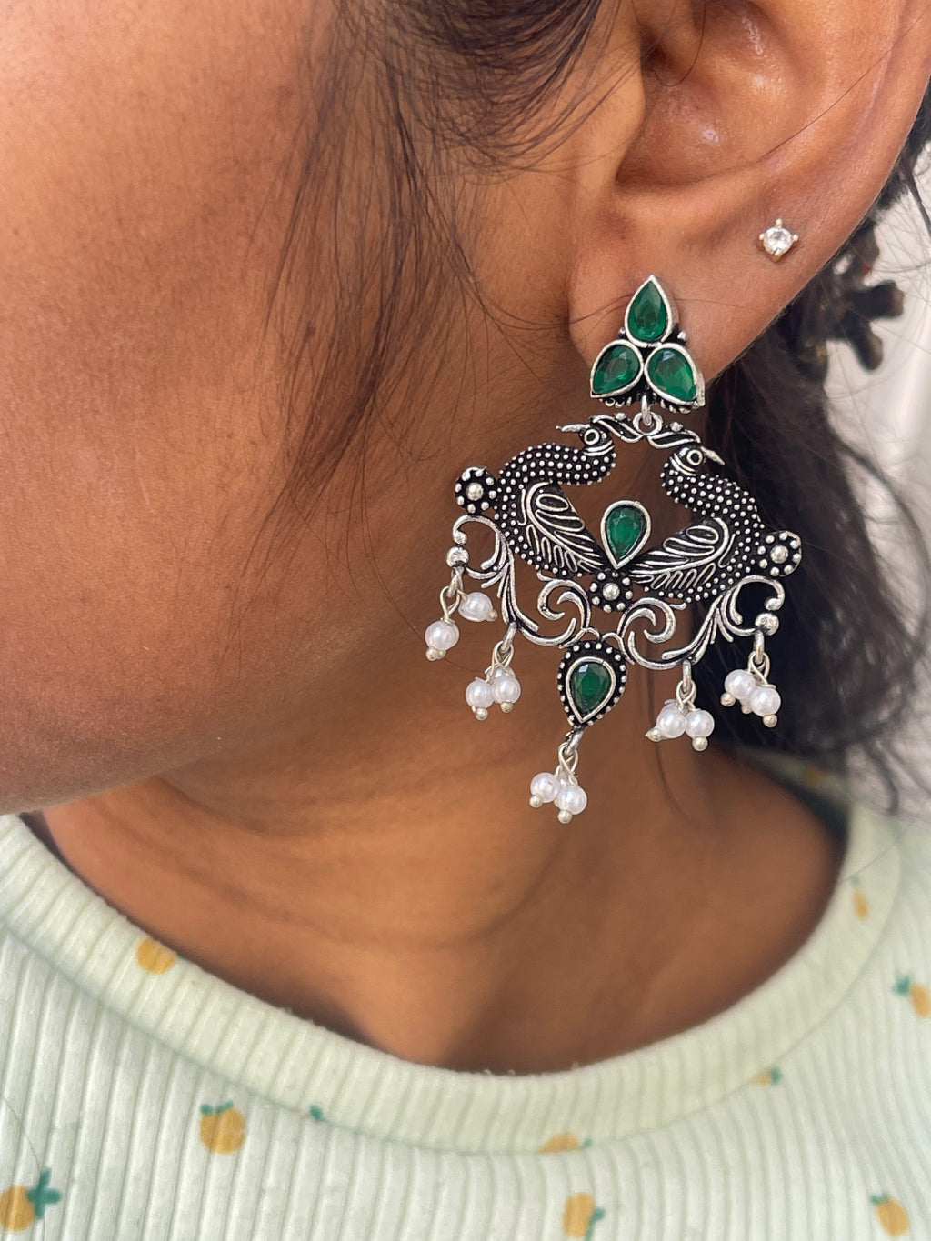 Lightweight chandbali oxidised earrings in ruby and green