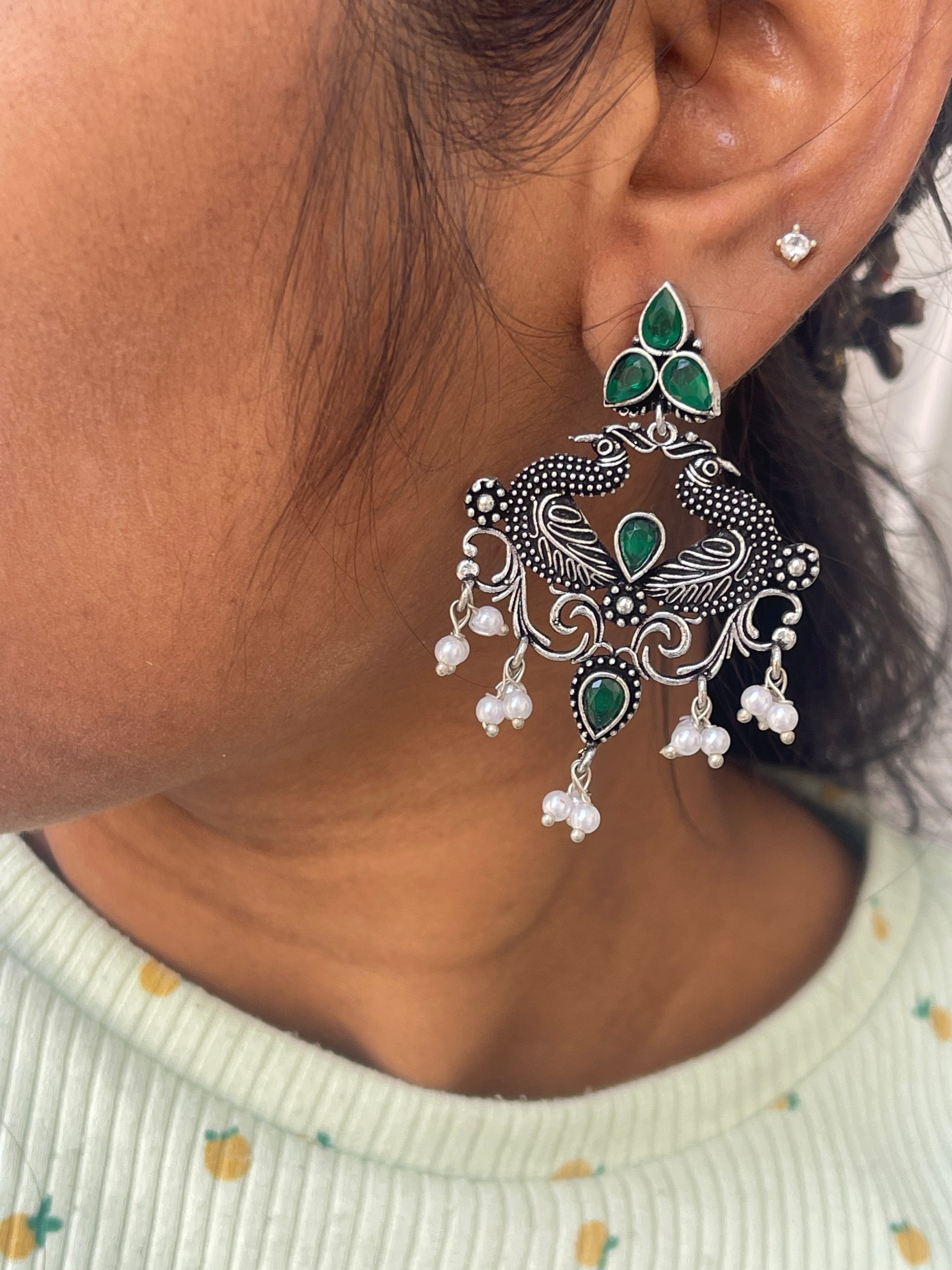 Lightweight chandbali oxidised earrings in ruby and green