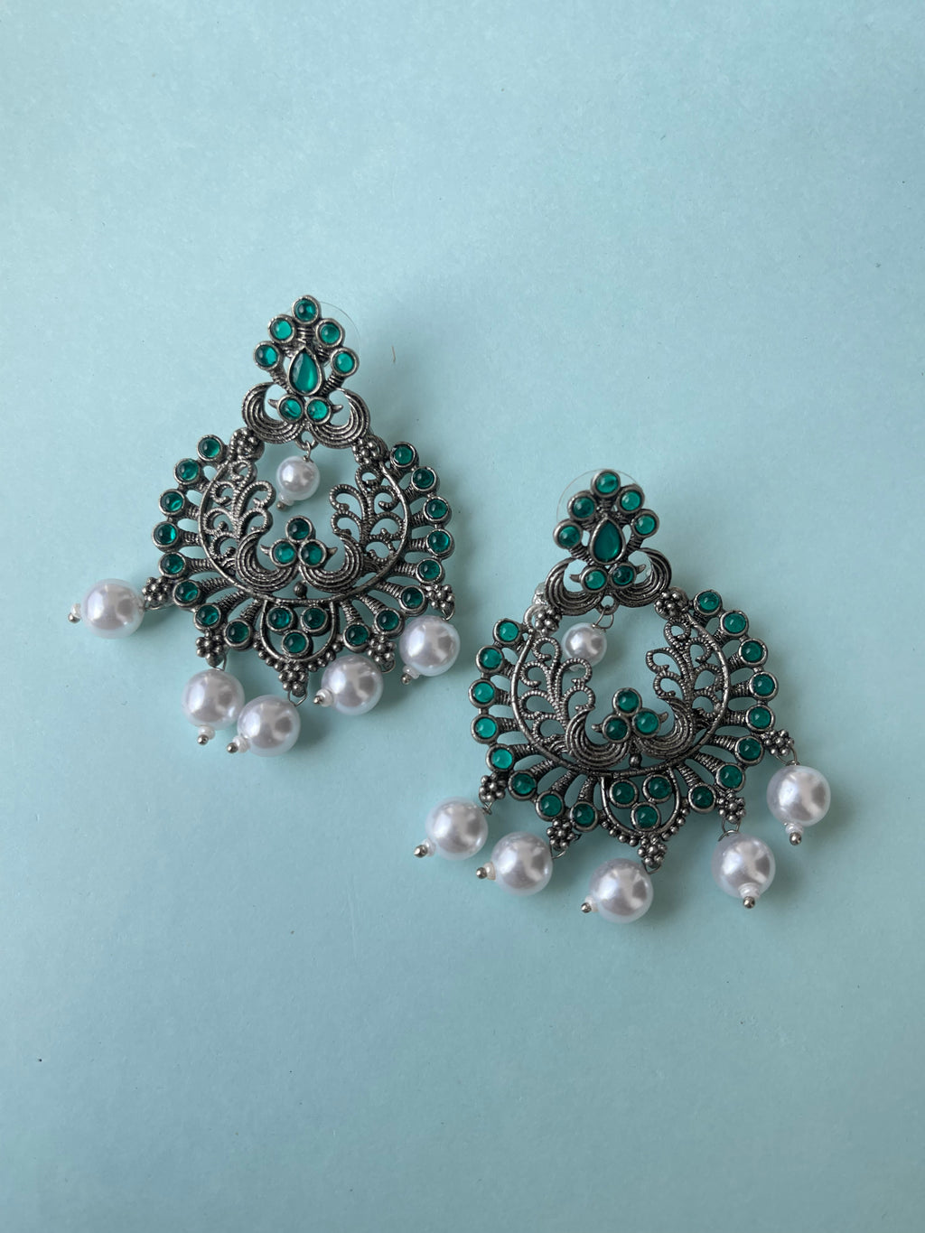 Green Oxidised chandbali earrings
