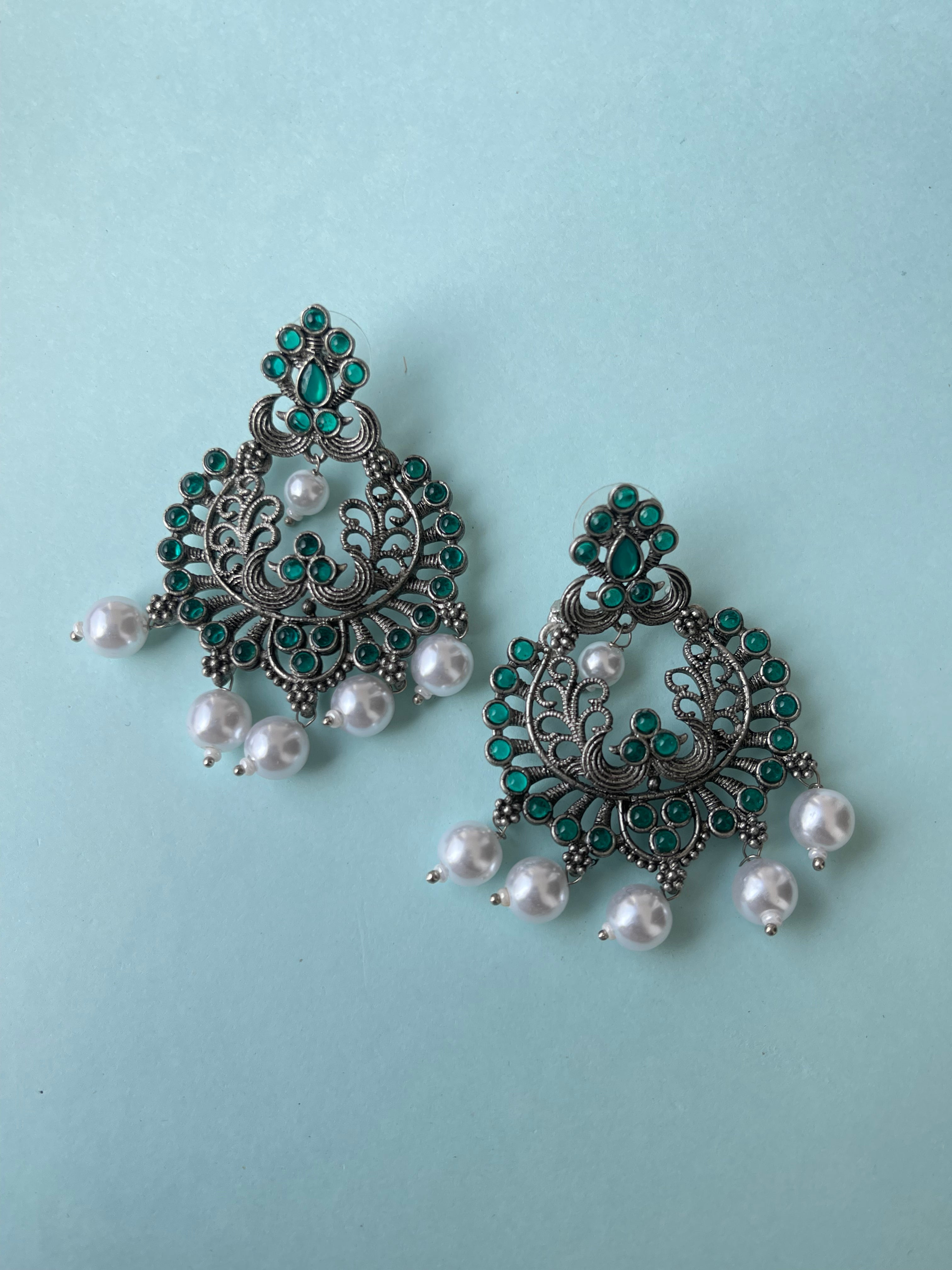 Green Oxidised chandbali earrings