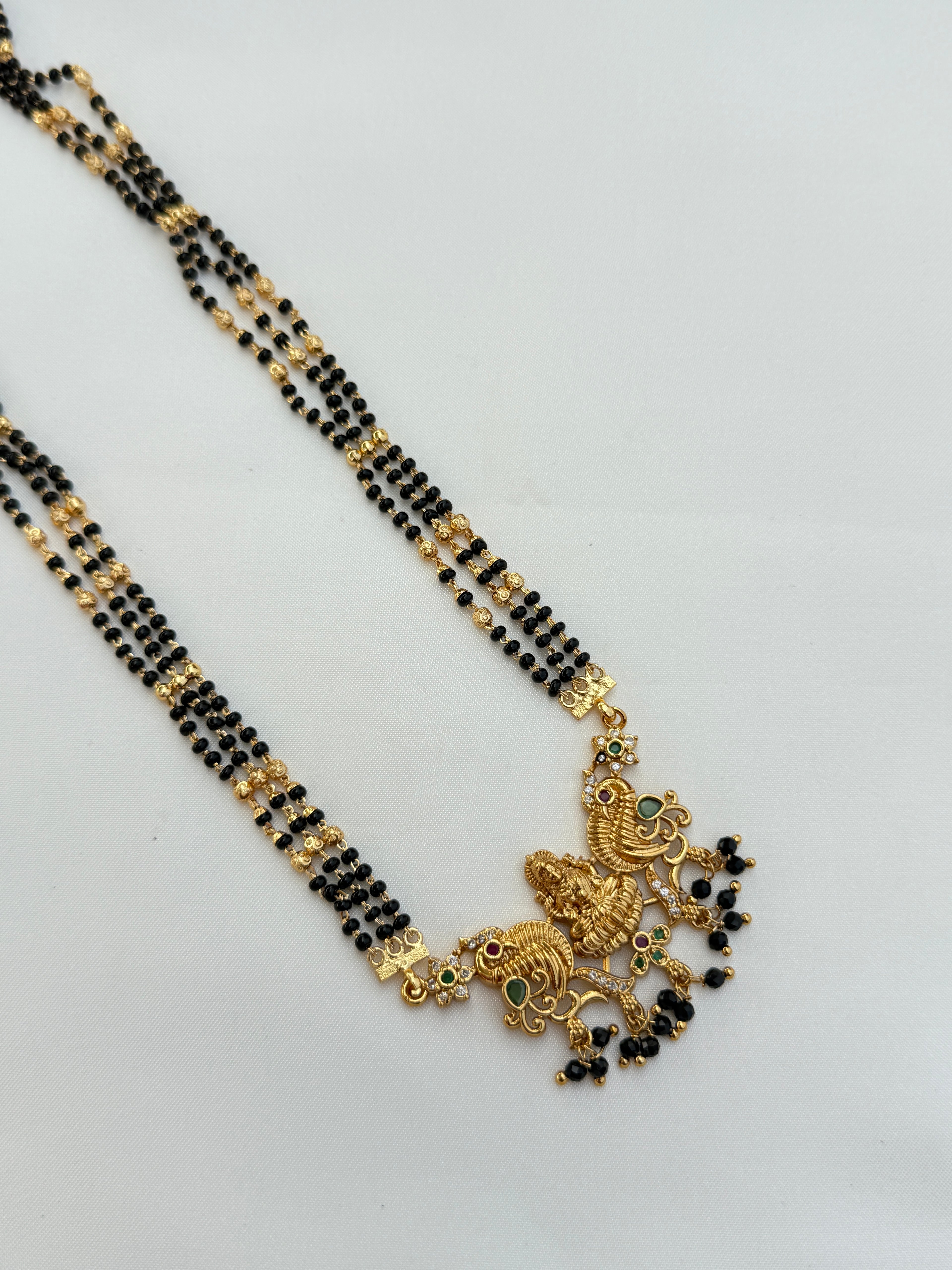 Bb028 2 lines peacock and Lakshmi devi long blackbeads chain