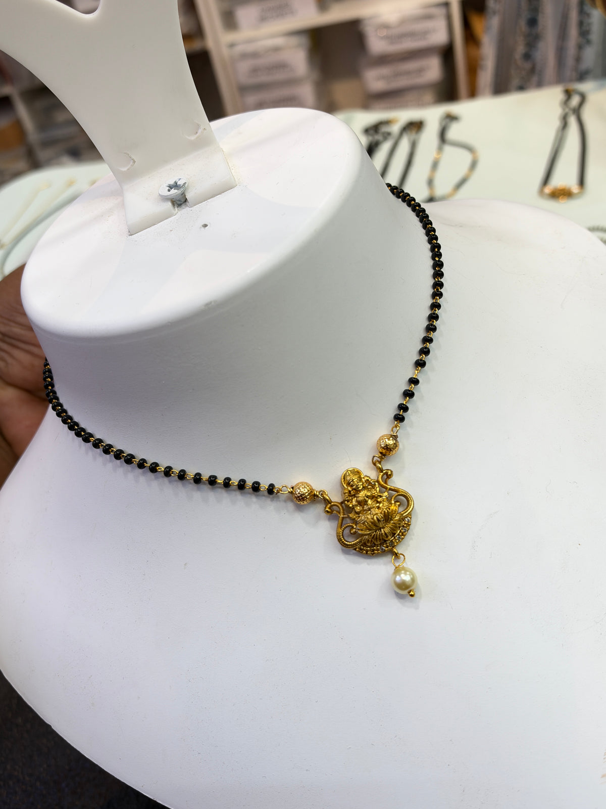 Lakshmidevi with pearl drop Black beads chain 18 inches BB432