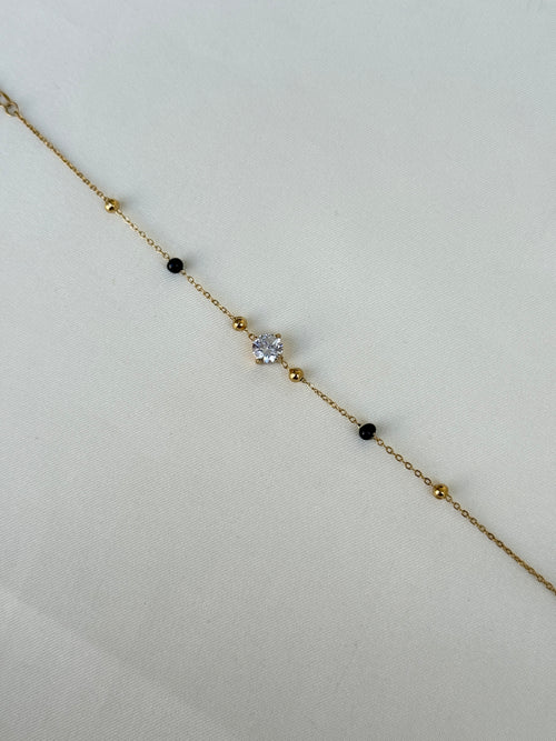BR5017 single line solitaire stone Black Beads bracelet (color won't fade) anti-tarnish