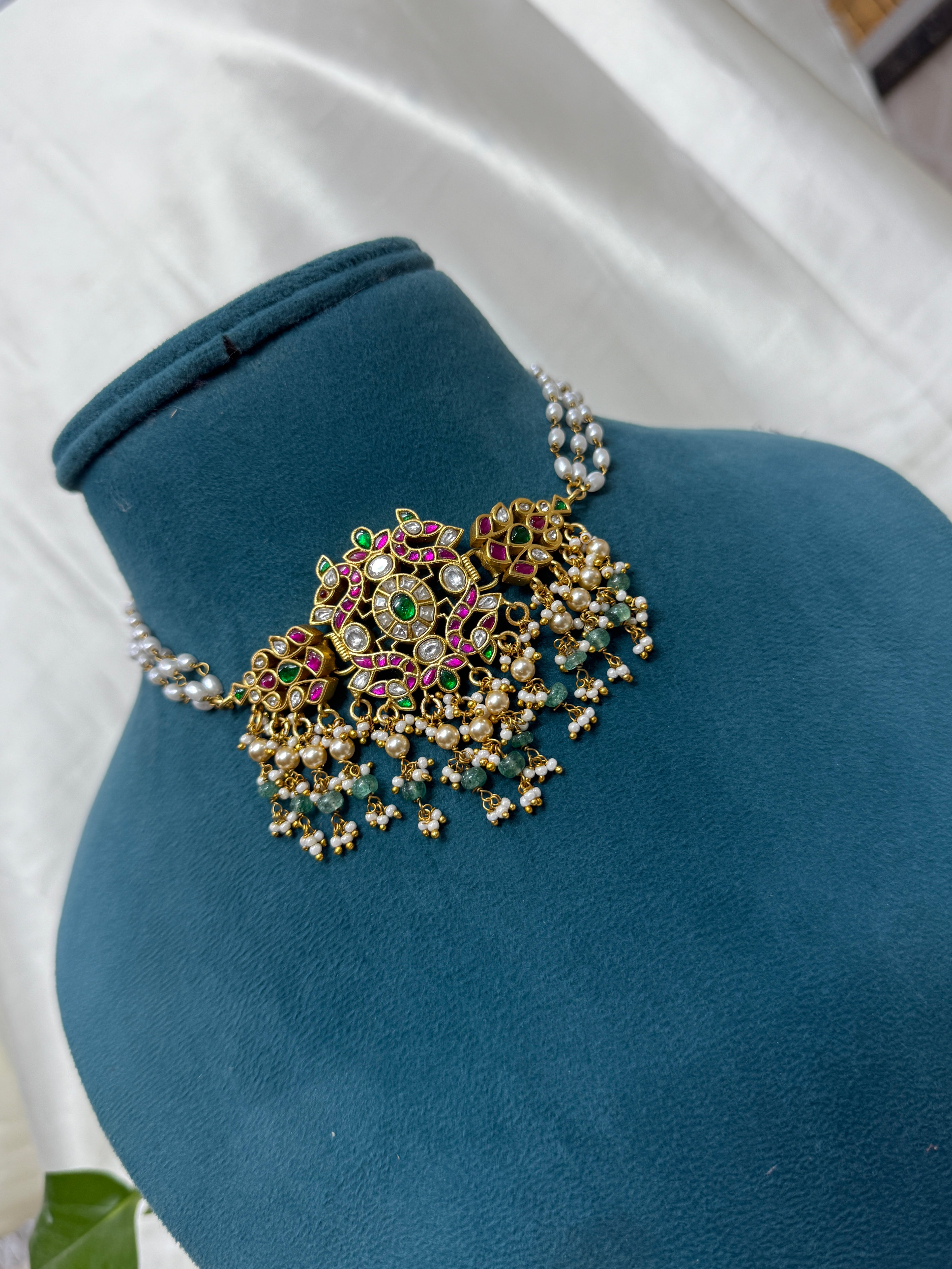 Ch025 jadau kundan dual peacock choker with rice pearls
