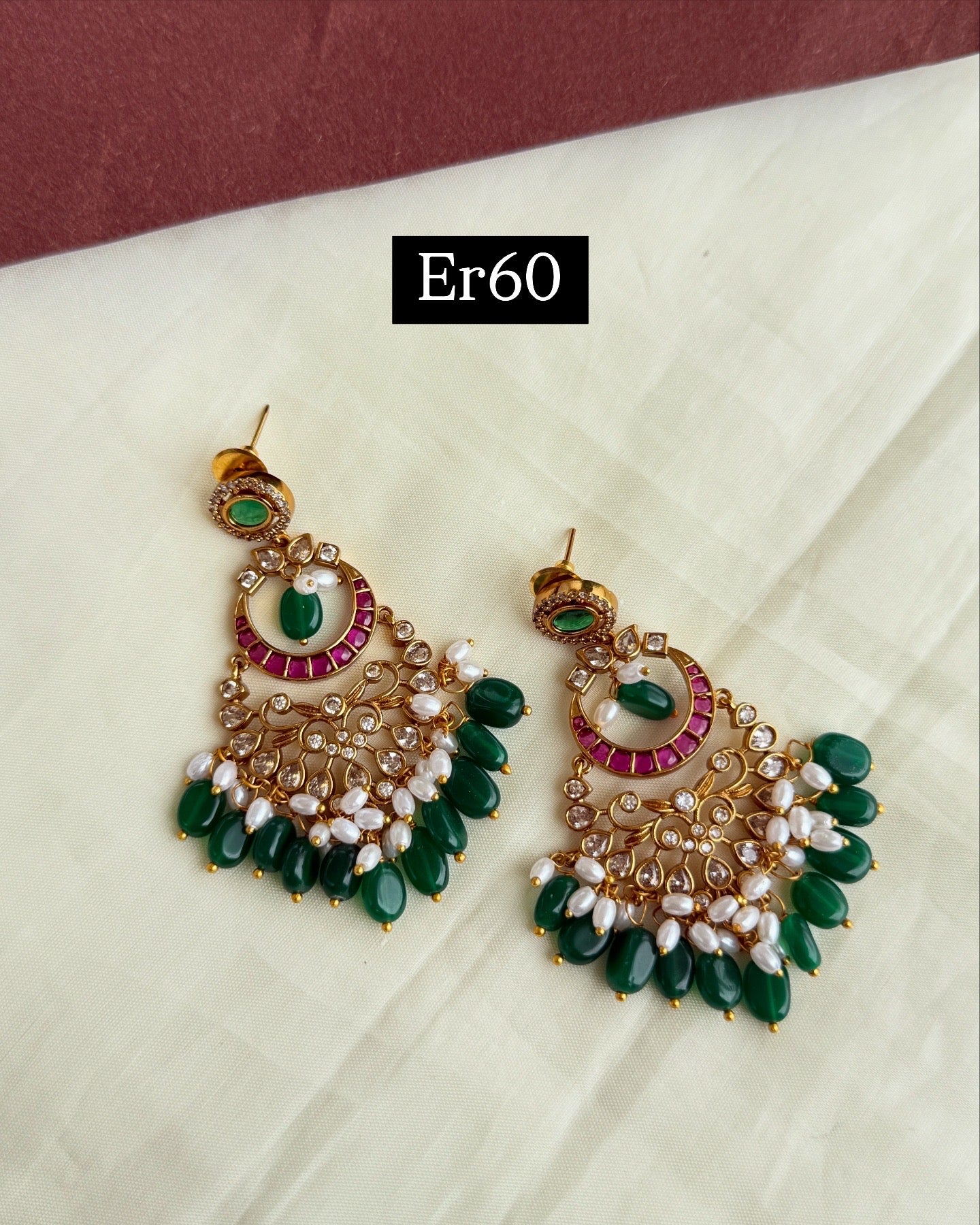 Er60 kemp uncut Kundan light weight chandbali earrings