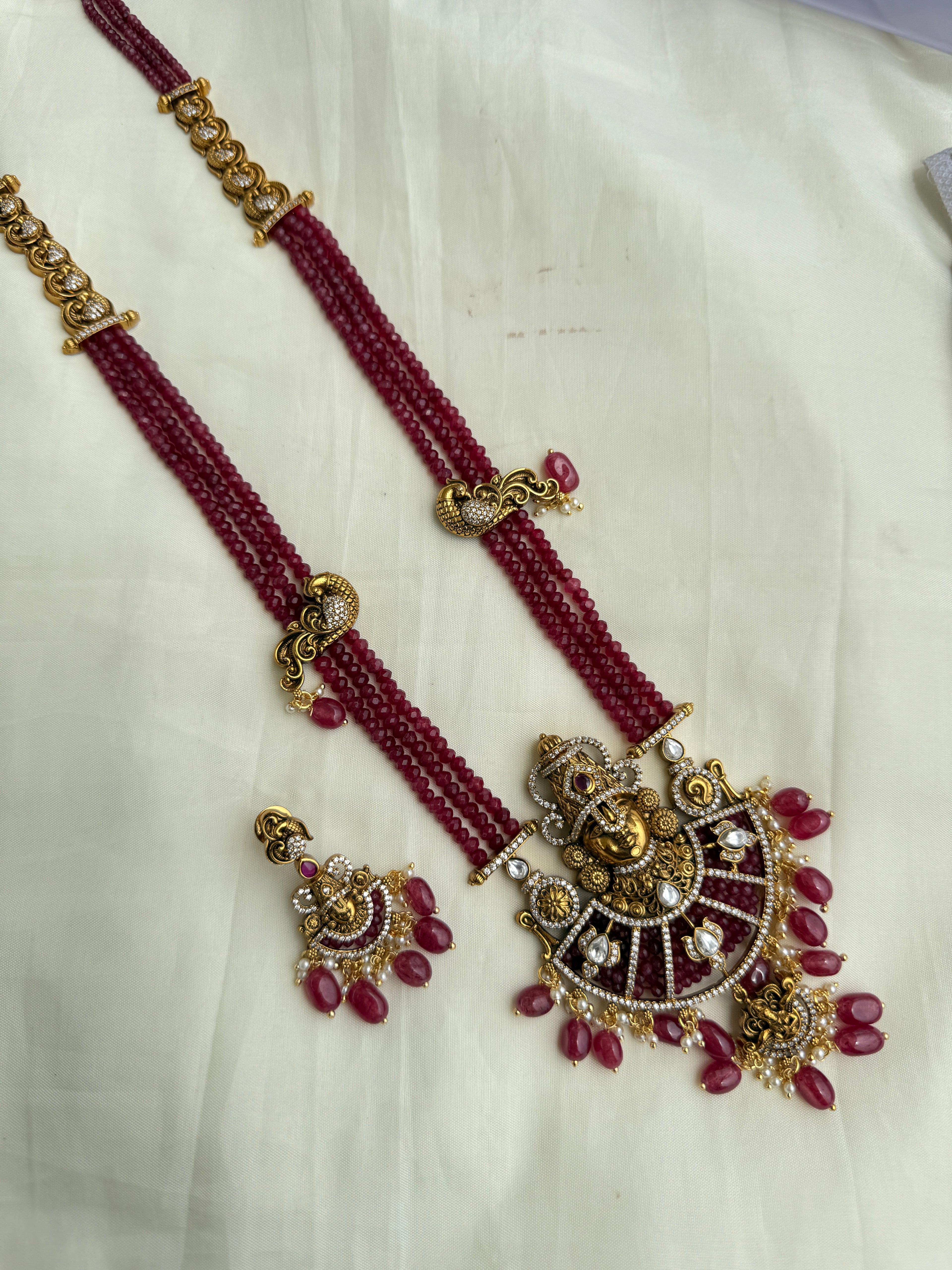Lh2022 3 lines long beads with lord Venkateswara Swamy pendant and earrings