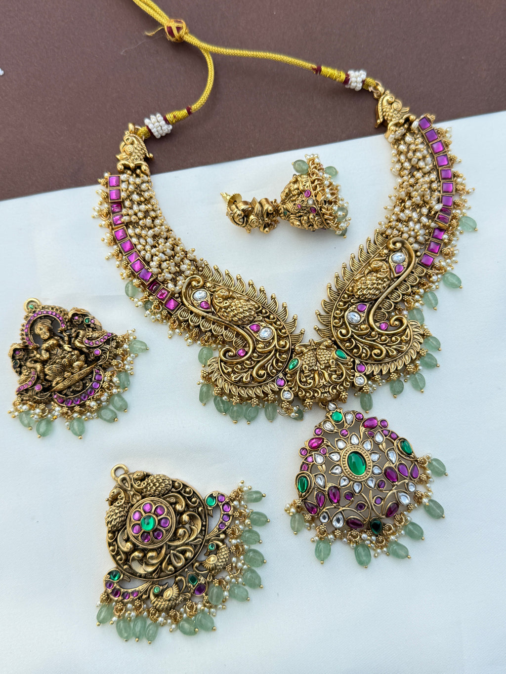 Ns601 3-in-1 jadau kundan Nakshi Neckset with ricepearls