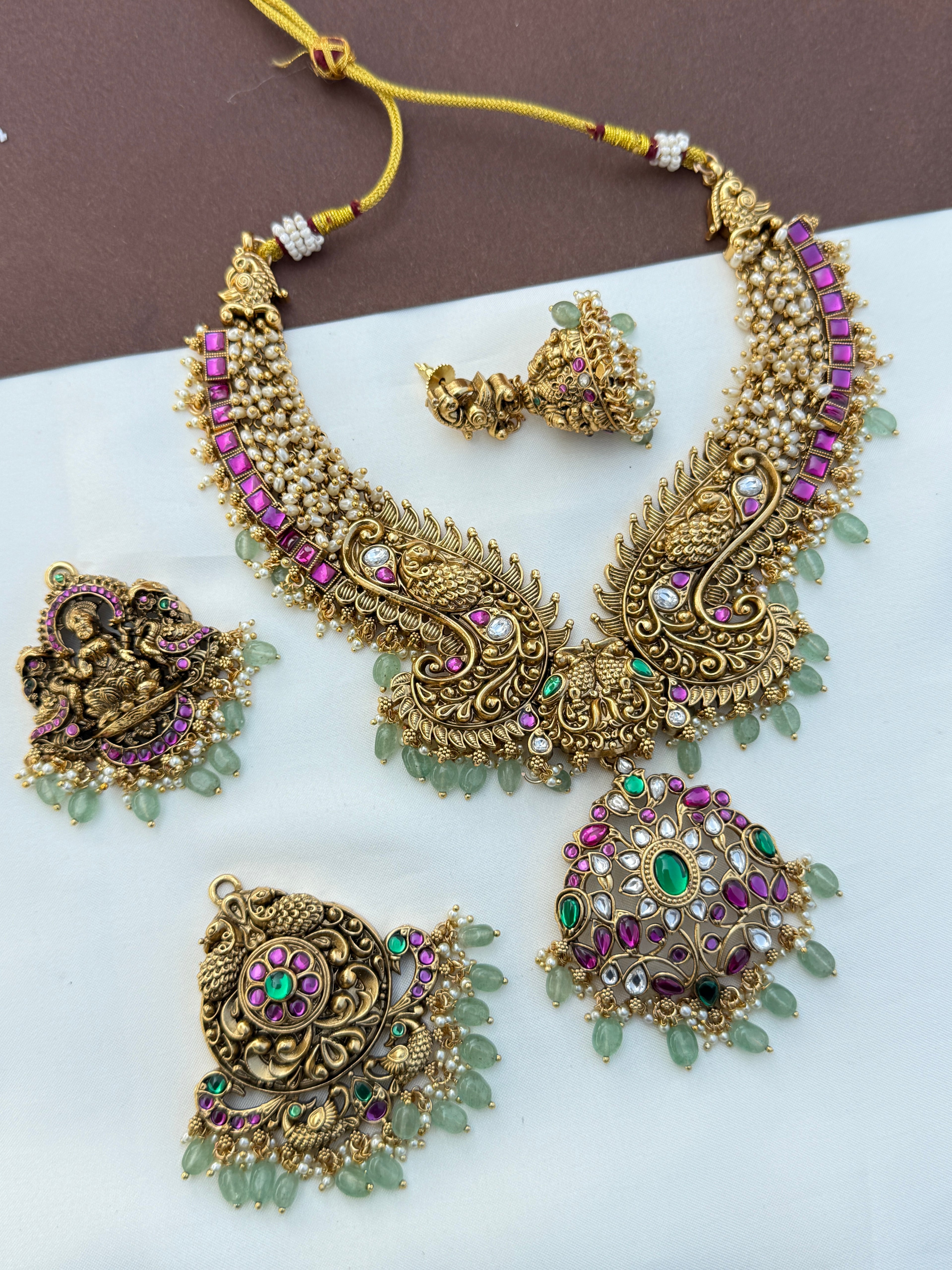 Ns601 3-in-1 jadau kundan Nakshi Neckset with ricepearls