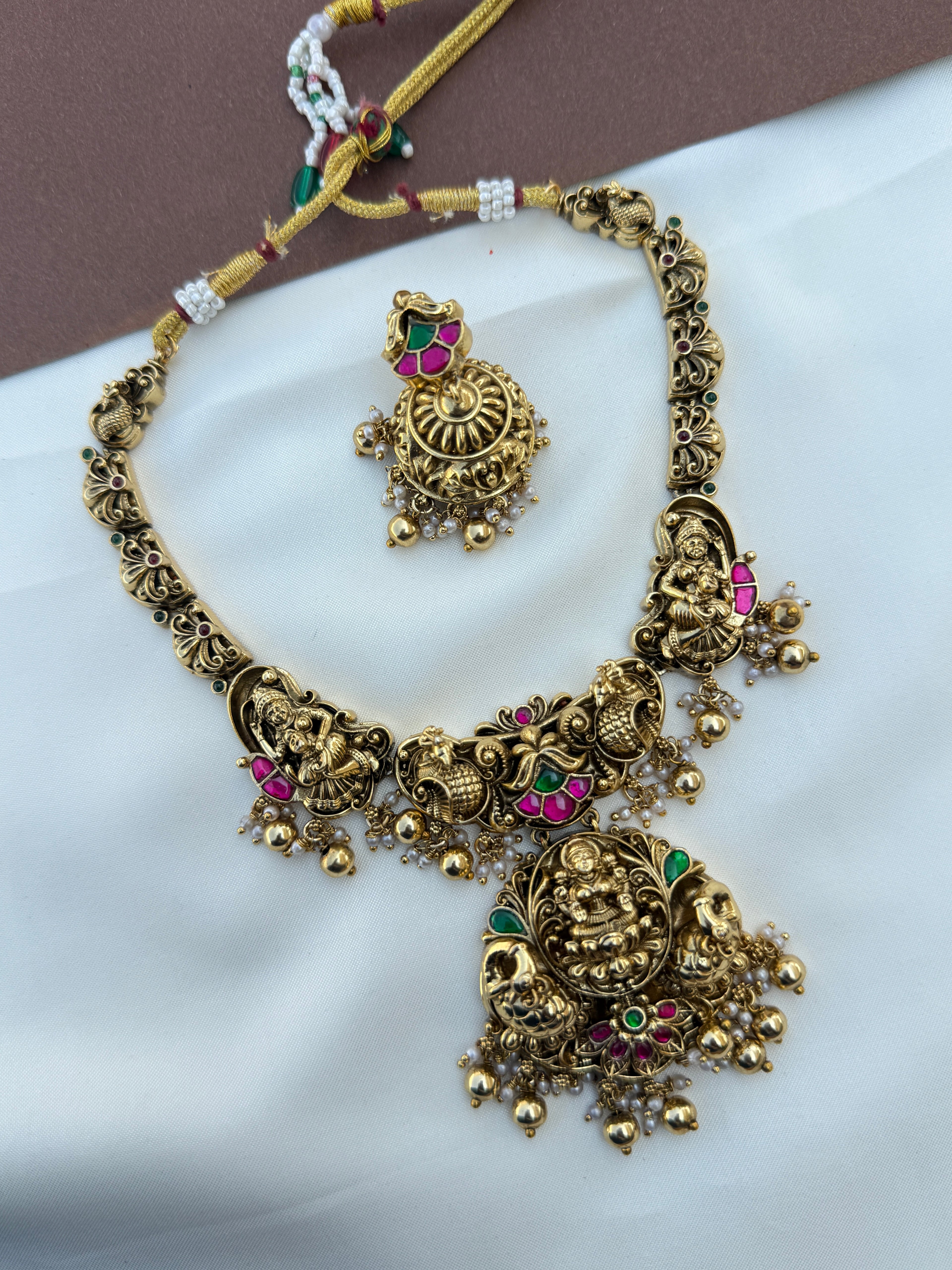 Ns620 dual peacock Lakshmidevi jadau Kundan nakshi neckset