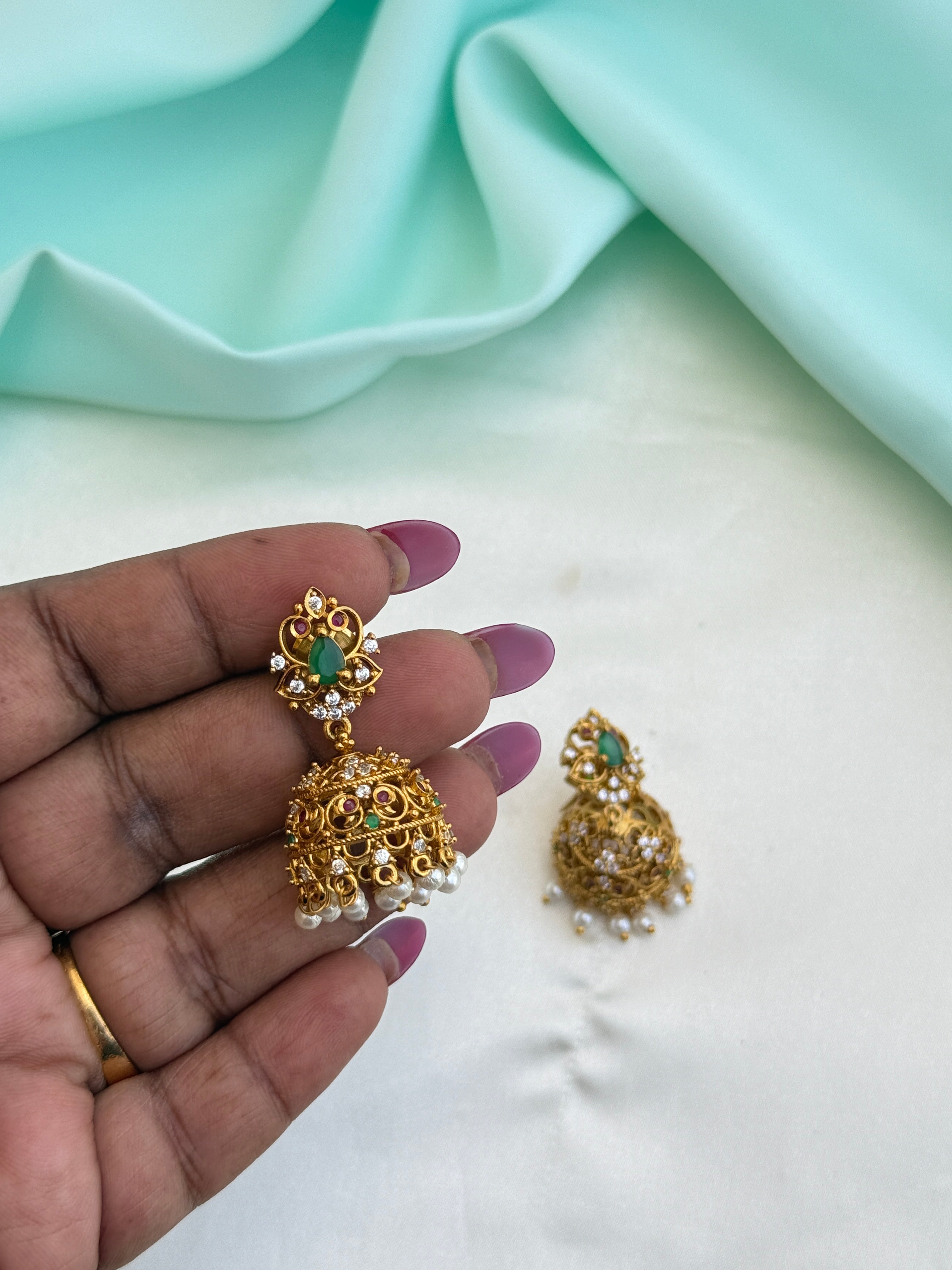 Er261 multi colour butta earrings with green beads and pearls