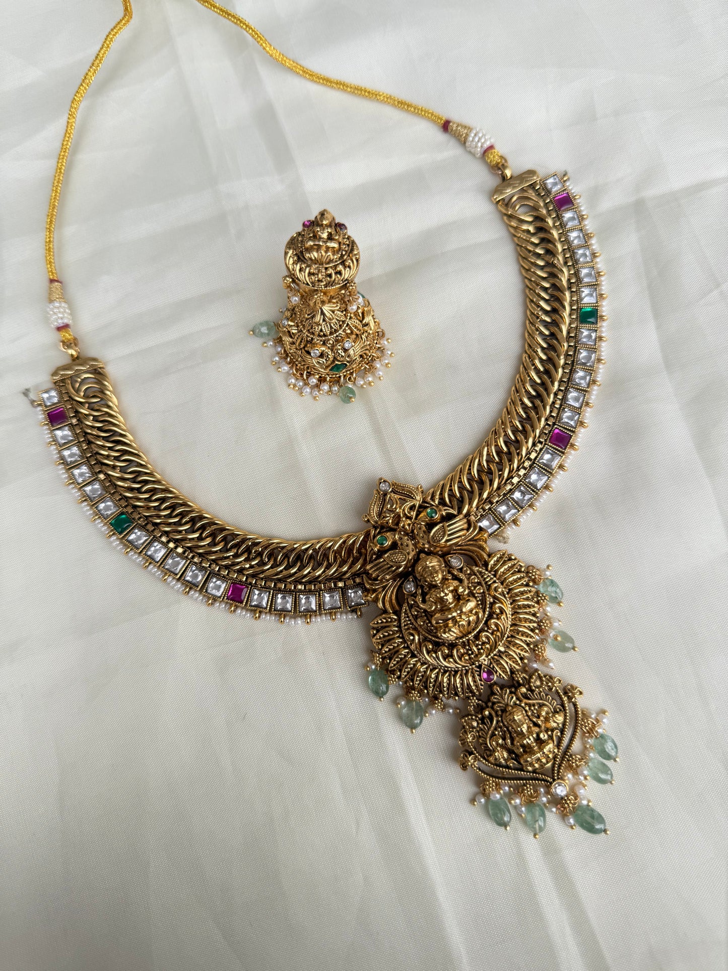 Multi green beads double Lakshmi Devi jalebi neckset