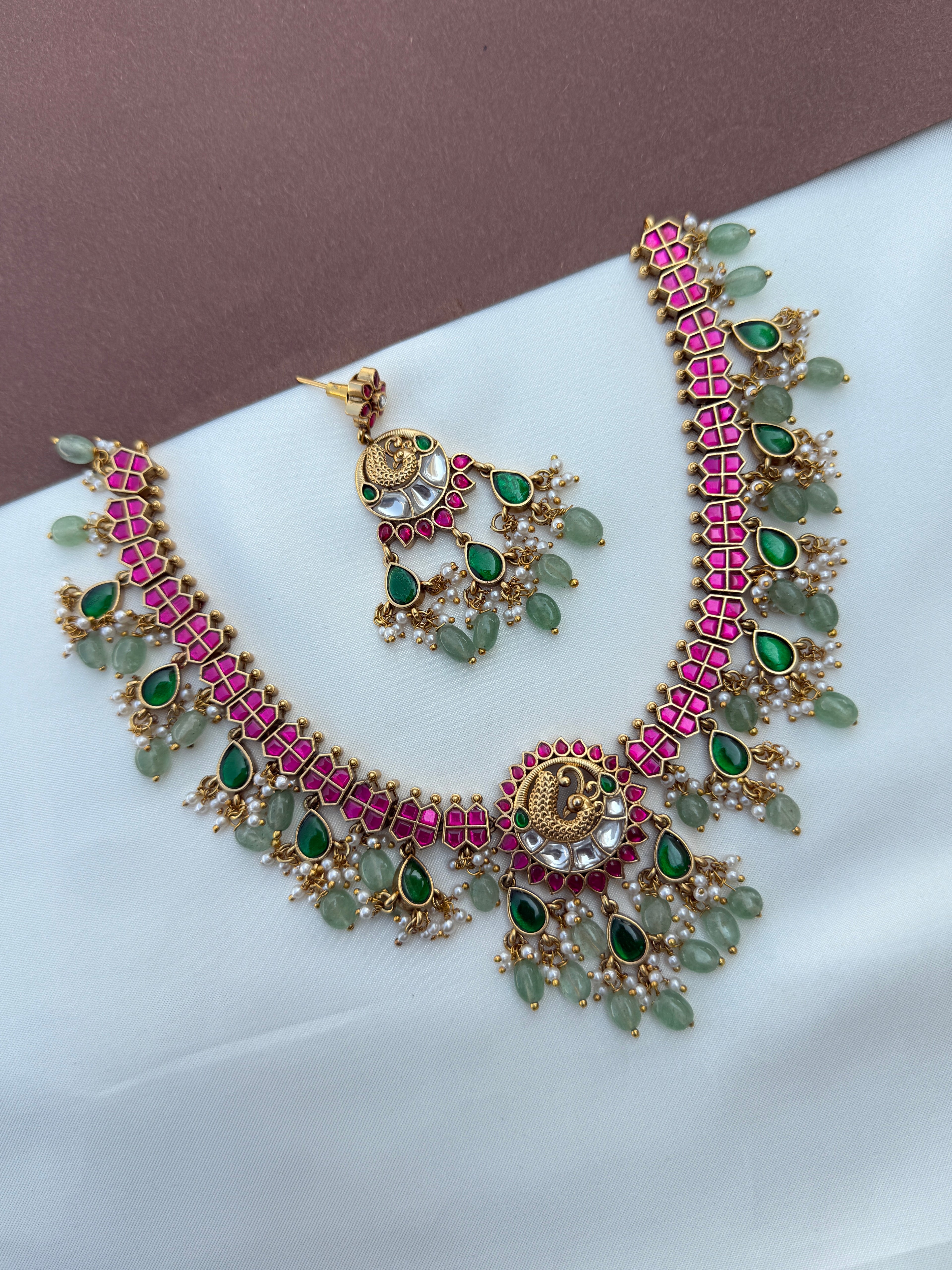 Ns626 peacock pure jadau kundan neckset with green beads