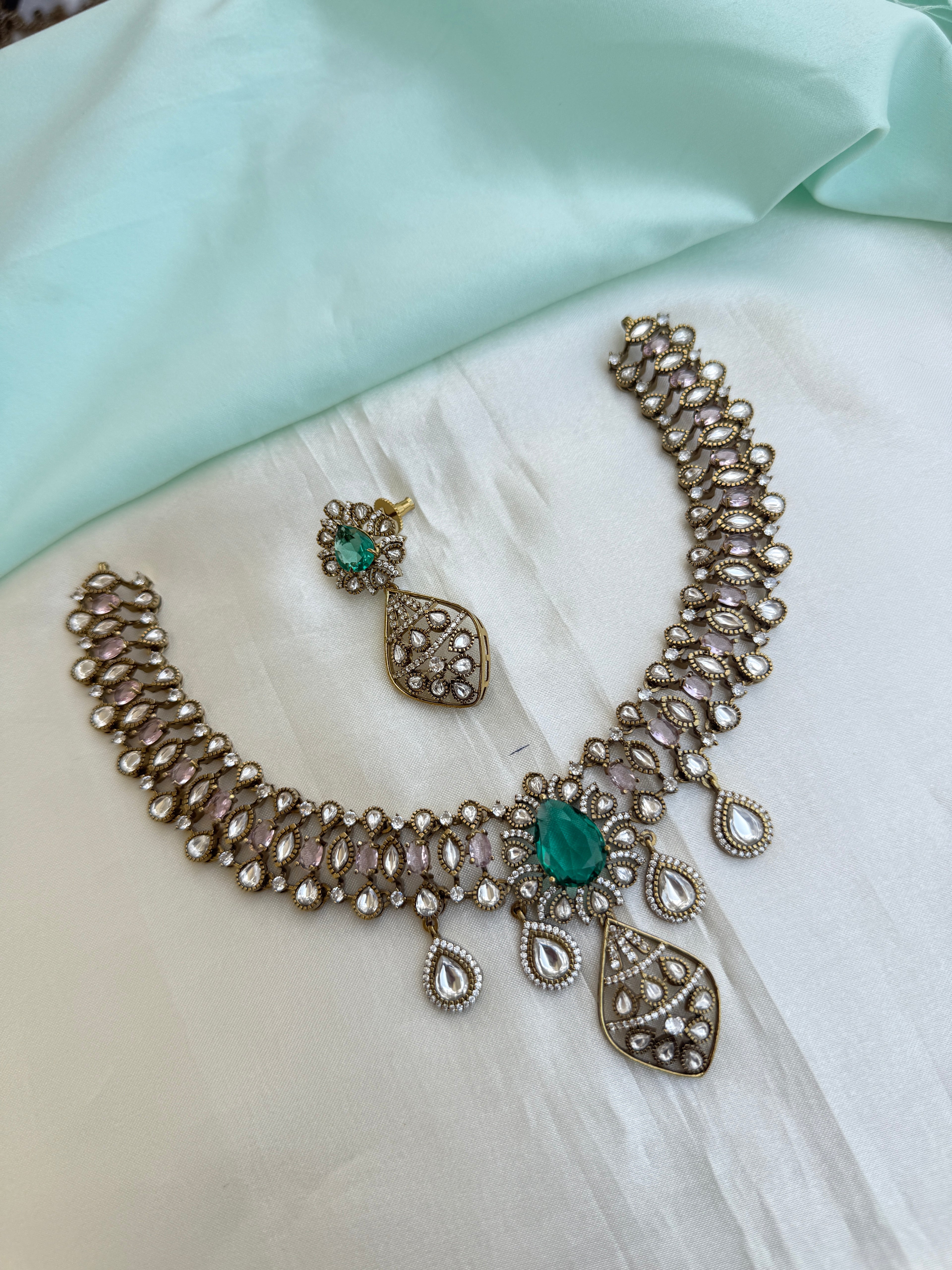 Emerald Dewdrop Kundan Neckset with flower design earrings Ns993