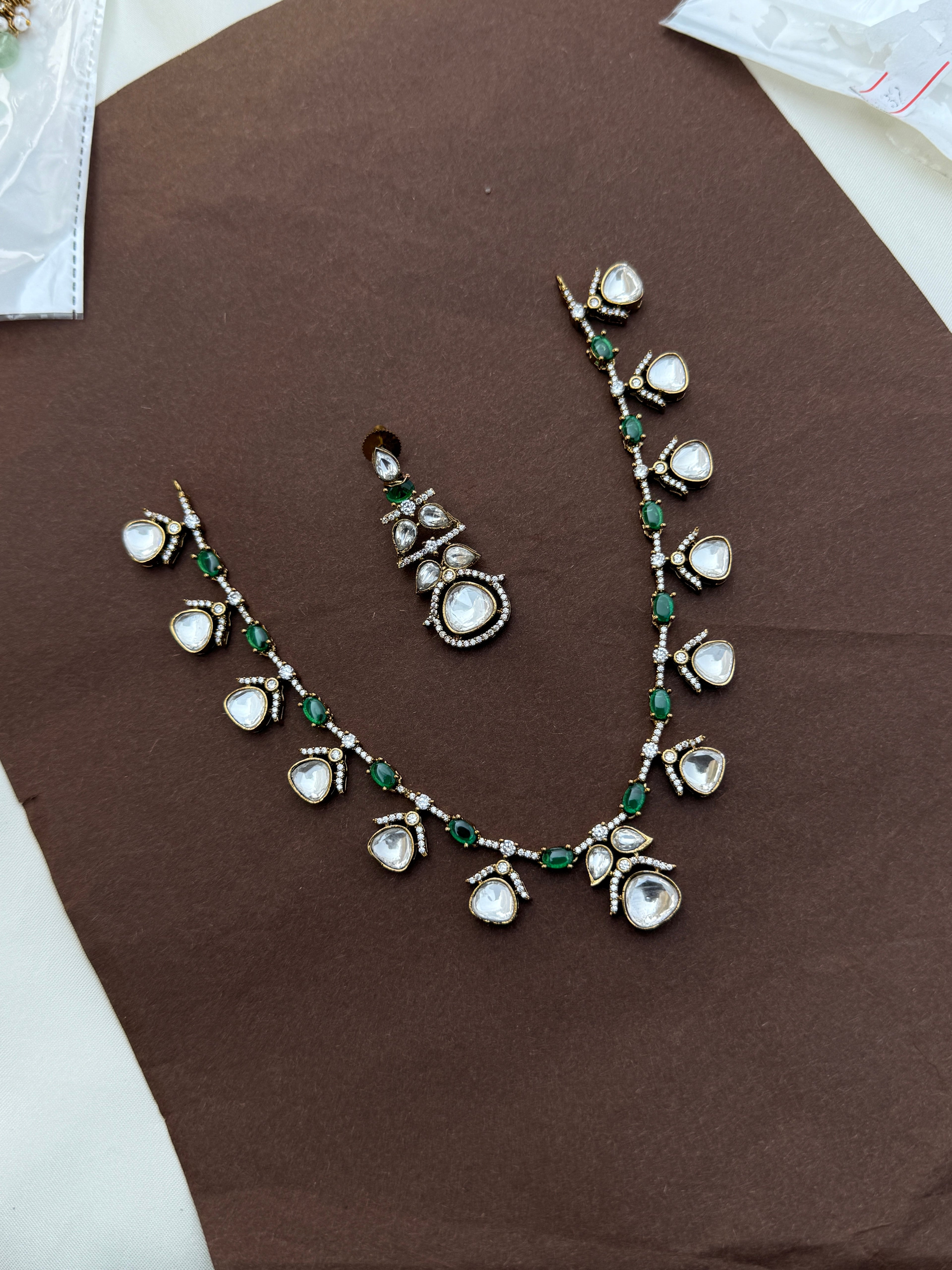 Ns712 moissanite polki kundan emerald neckset