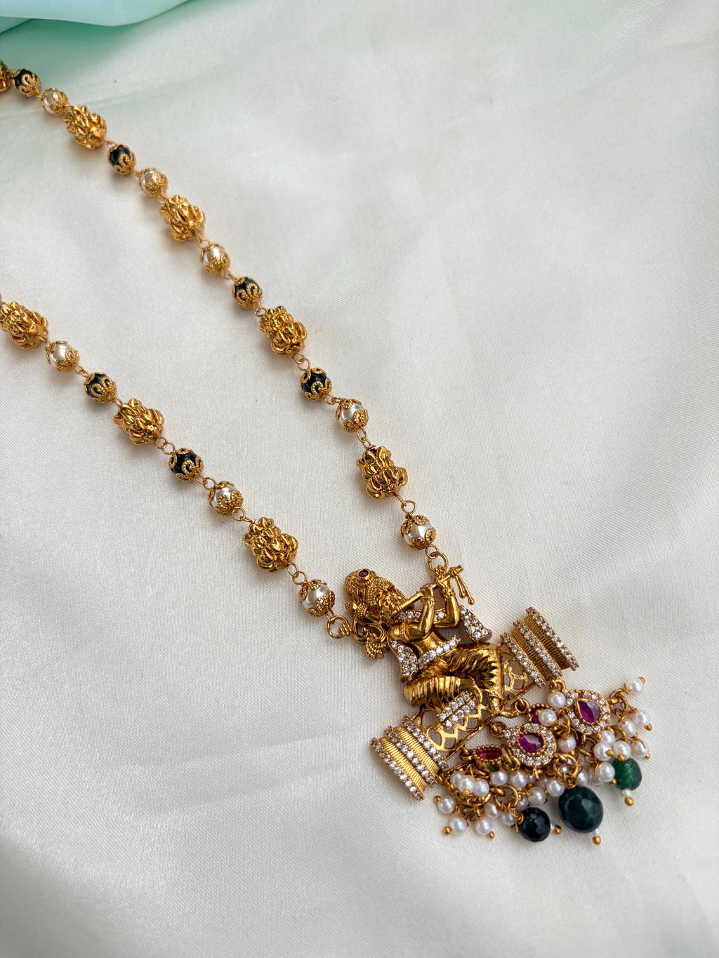 Premium Nakshi Krishna Pendant Neckset with Pearl and Stone Drops Bb223