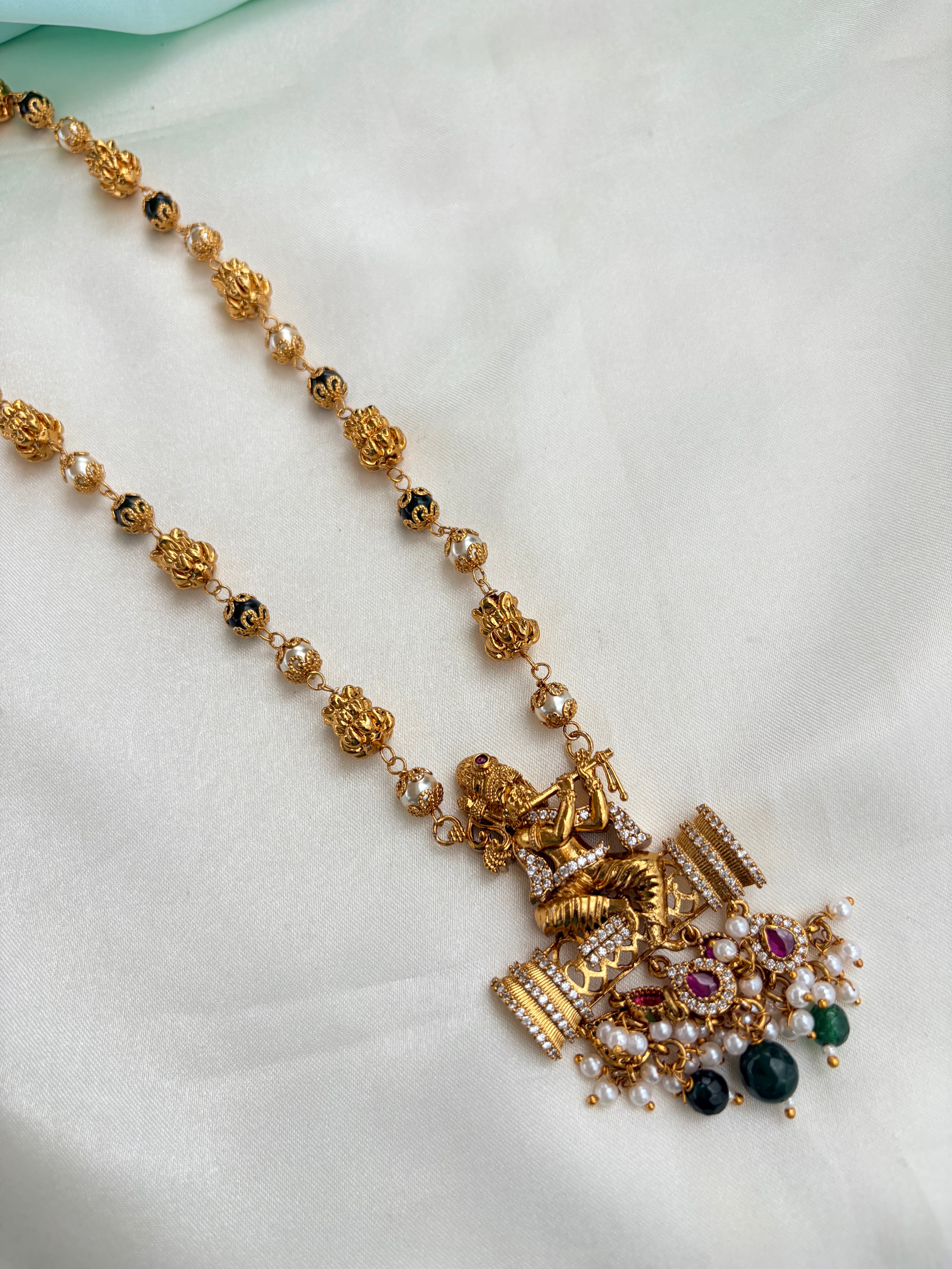Premium Nakshi Krishna Pendant Neckset with Pearl and Stone Drops Bb223