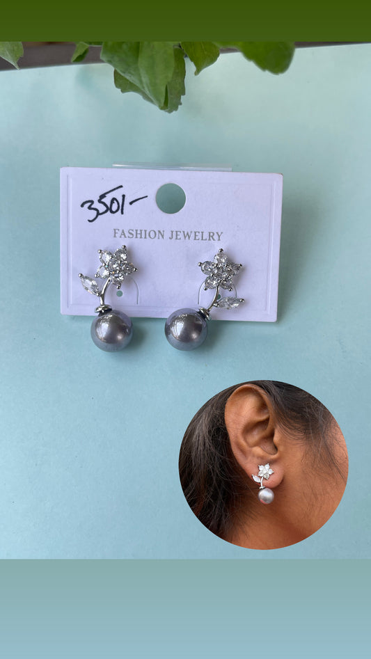 Flower stem pearl hanging studs