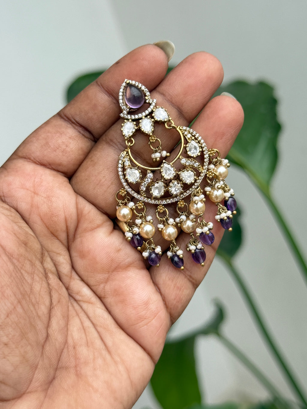 Er117 purple moissanite chandbali earrings