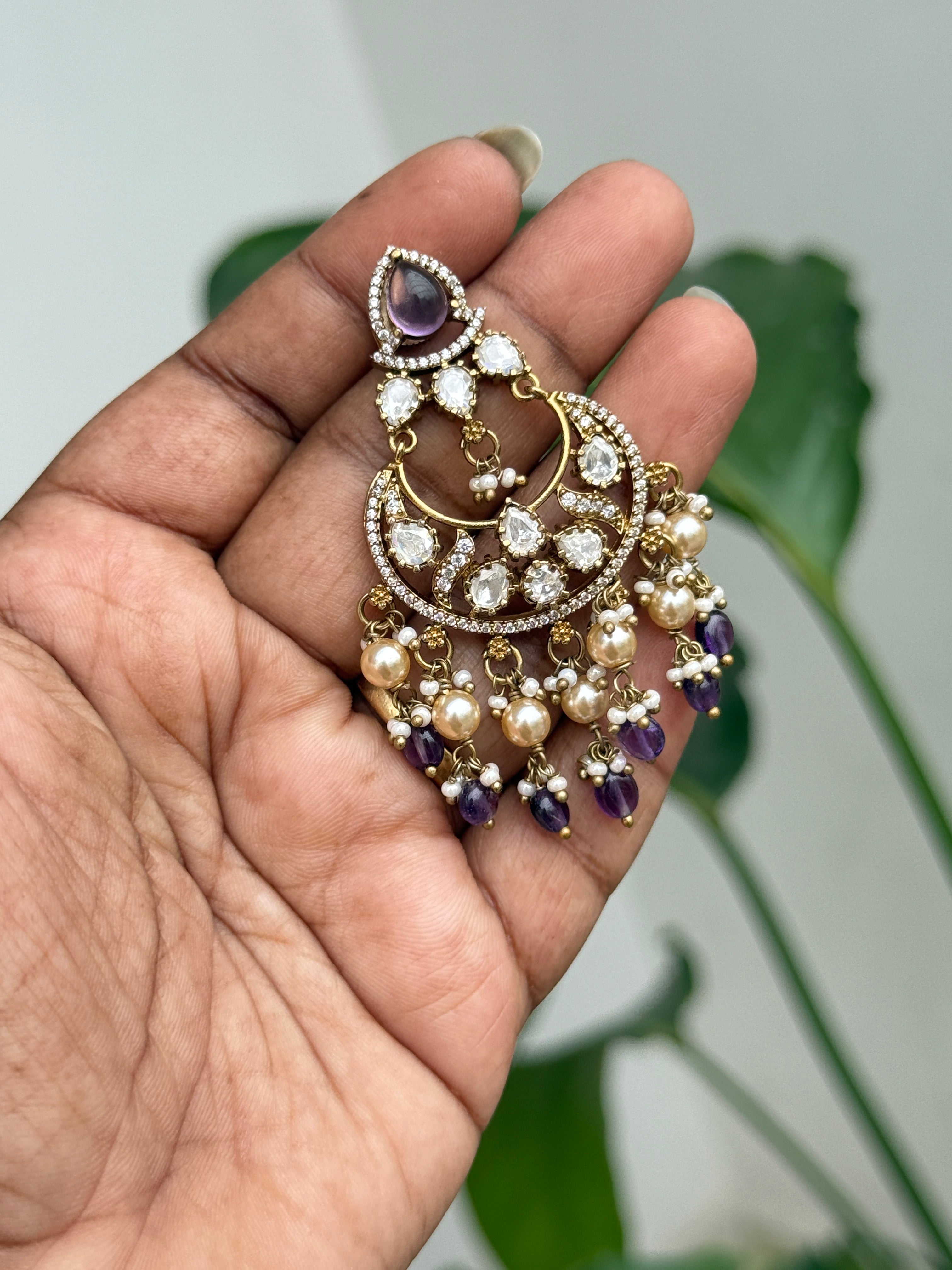 Er117 purple moissanite chandbali earrings