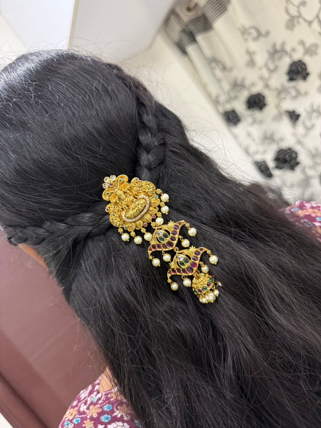 Lakshmidevi kemp stones 4 steps white pearl with peacock jada Billa jd010