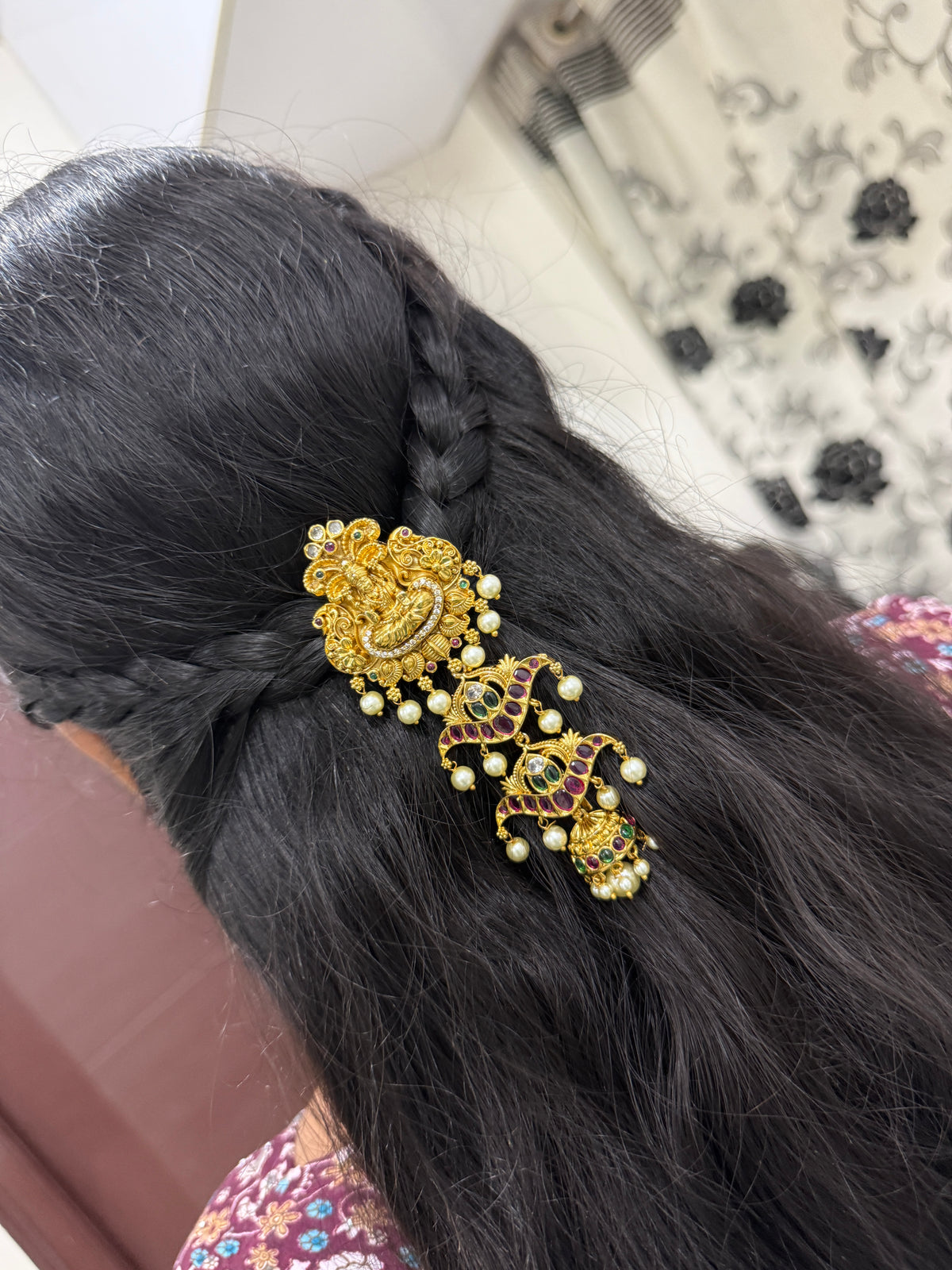 Lakshmidevi kemp stones 4 steps white pearl with peacock jada Billa jd010