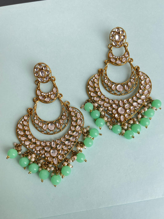 Mint green 3 layers chandbali earrings