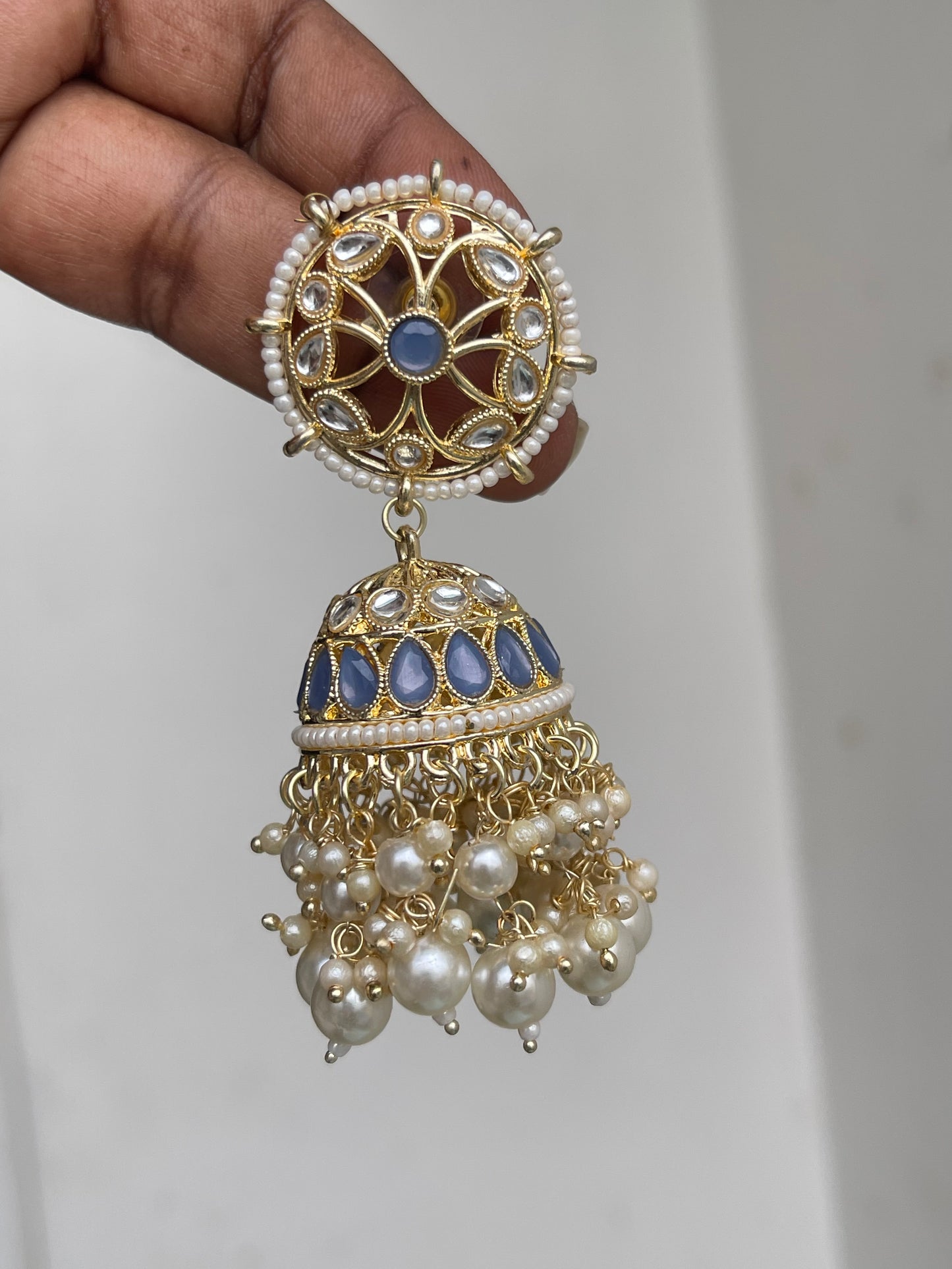 Pearl Kundan red blue butta Earrings