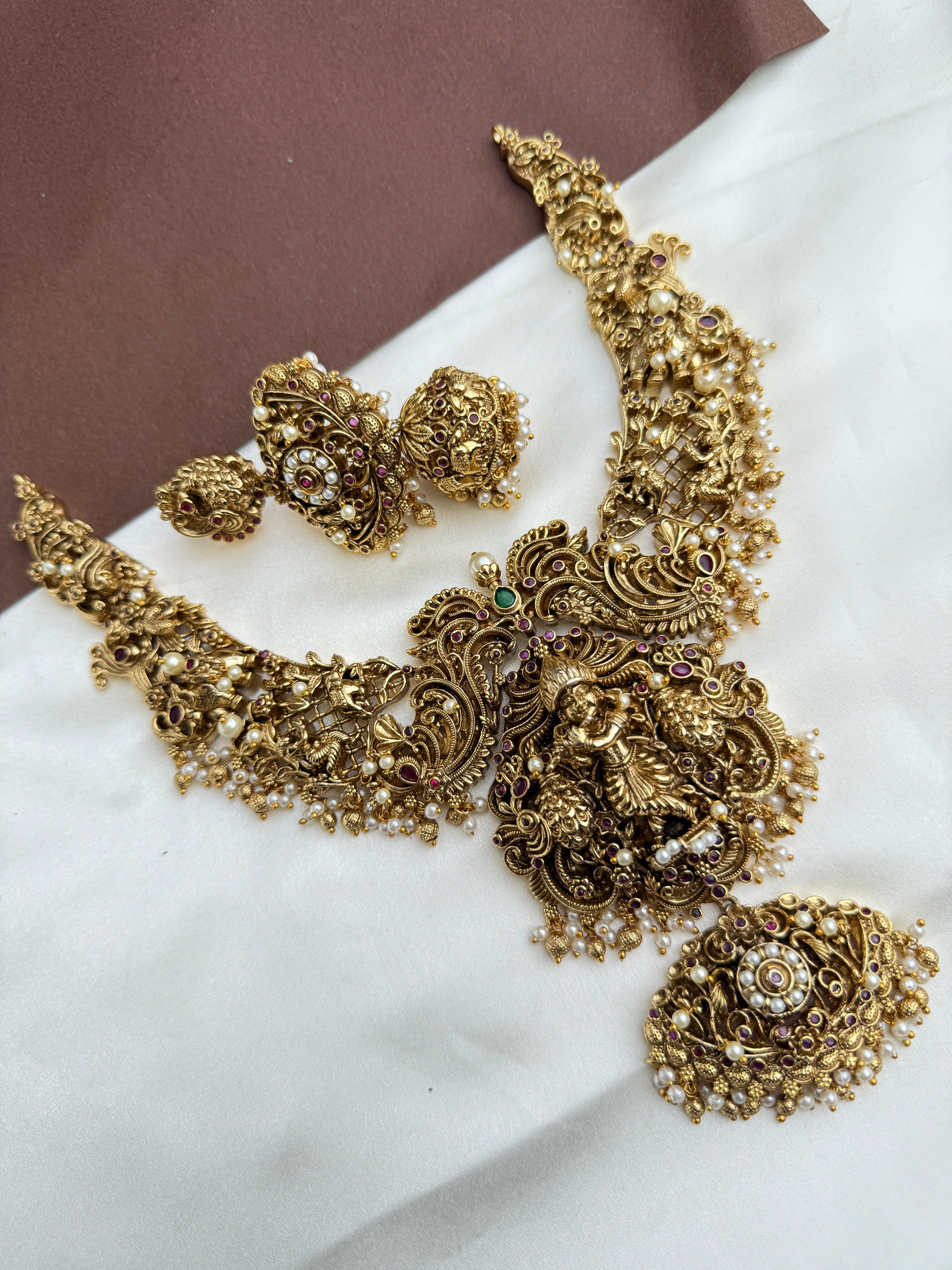Ns359 beautiful lord Krishna heavy 3D nakshi 3/4th Neckset