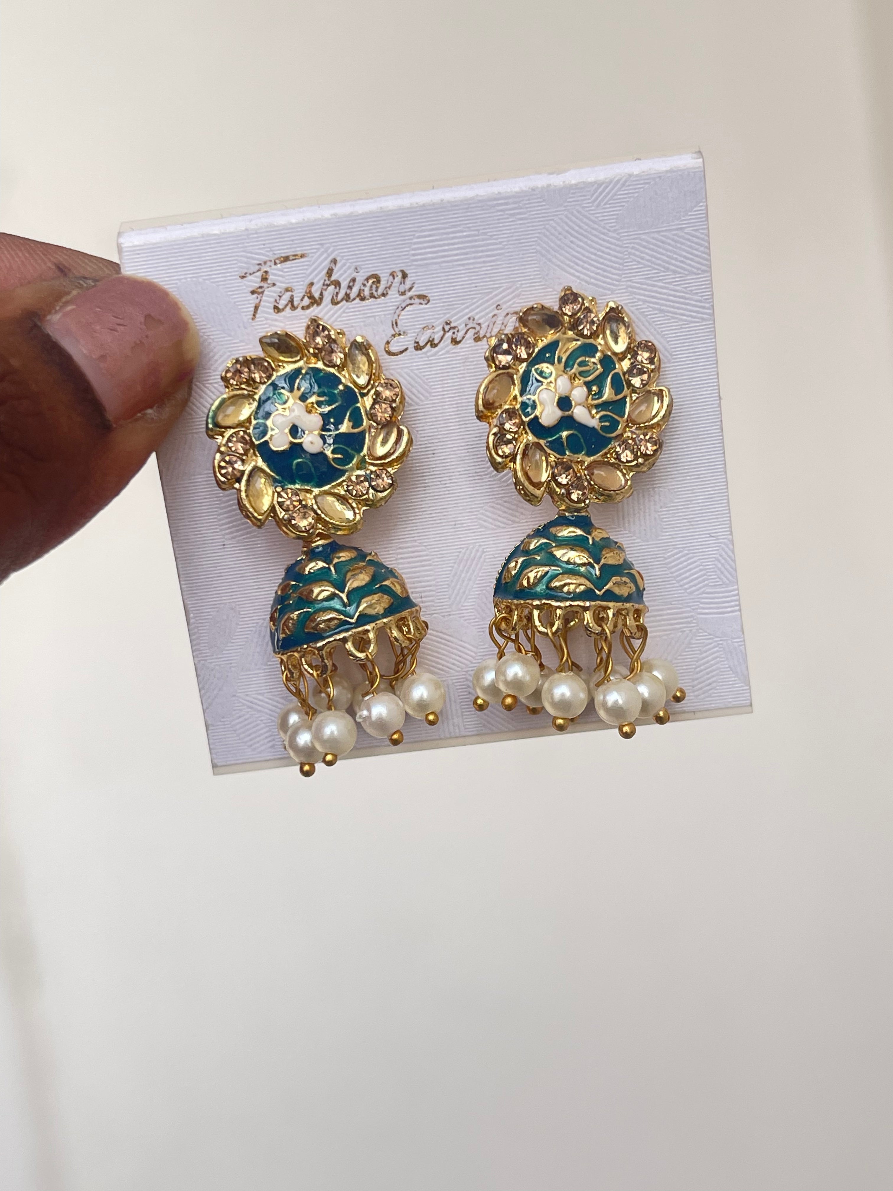 small Meenakari earrings in peacock green grey