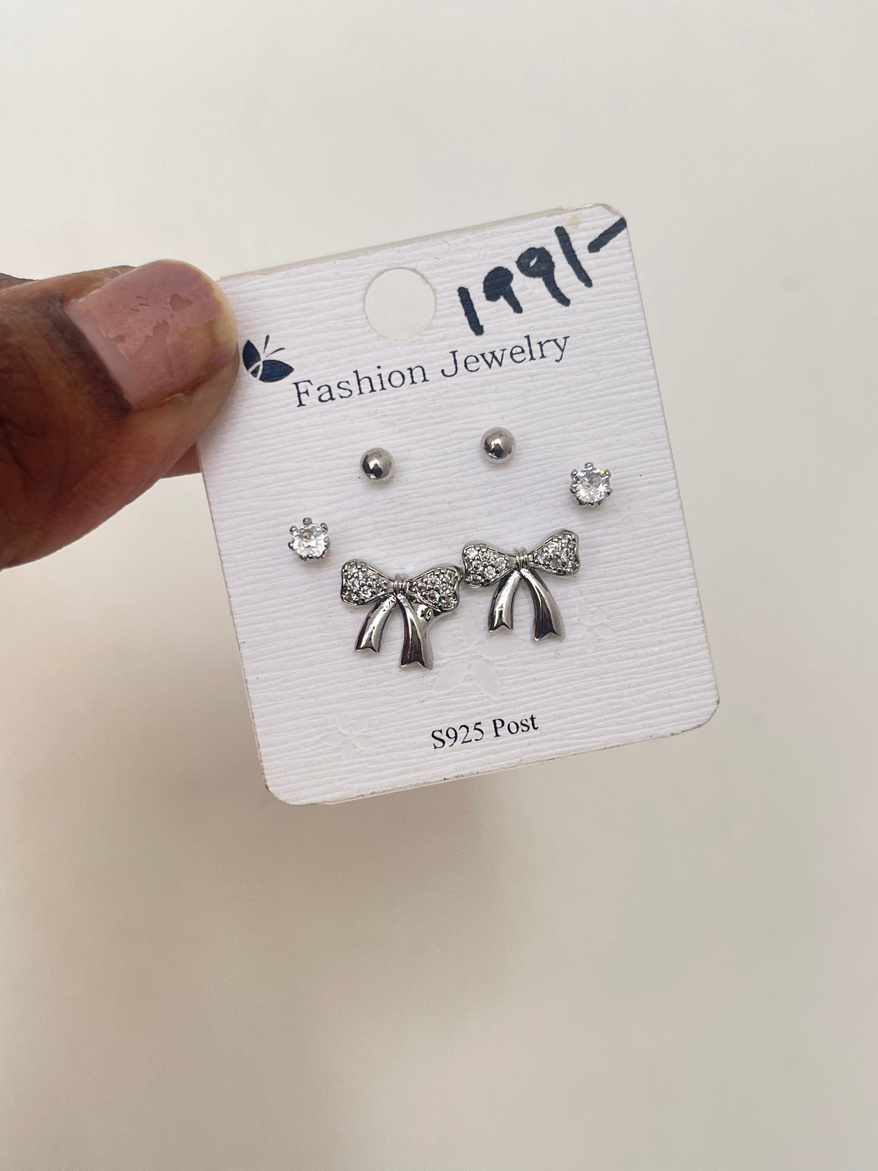 Bow silver pack of 3 studs