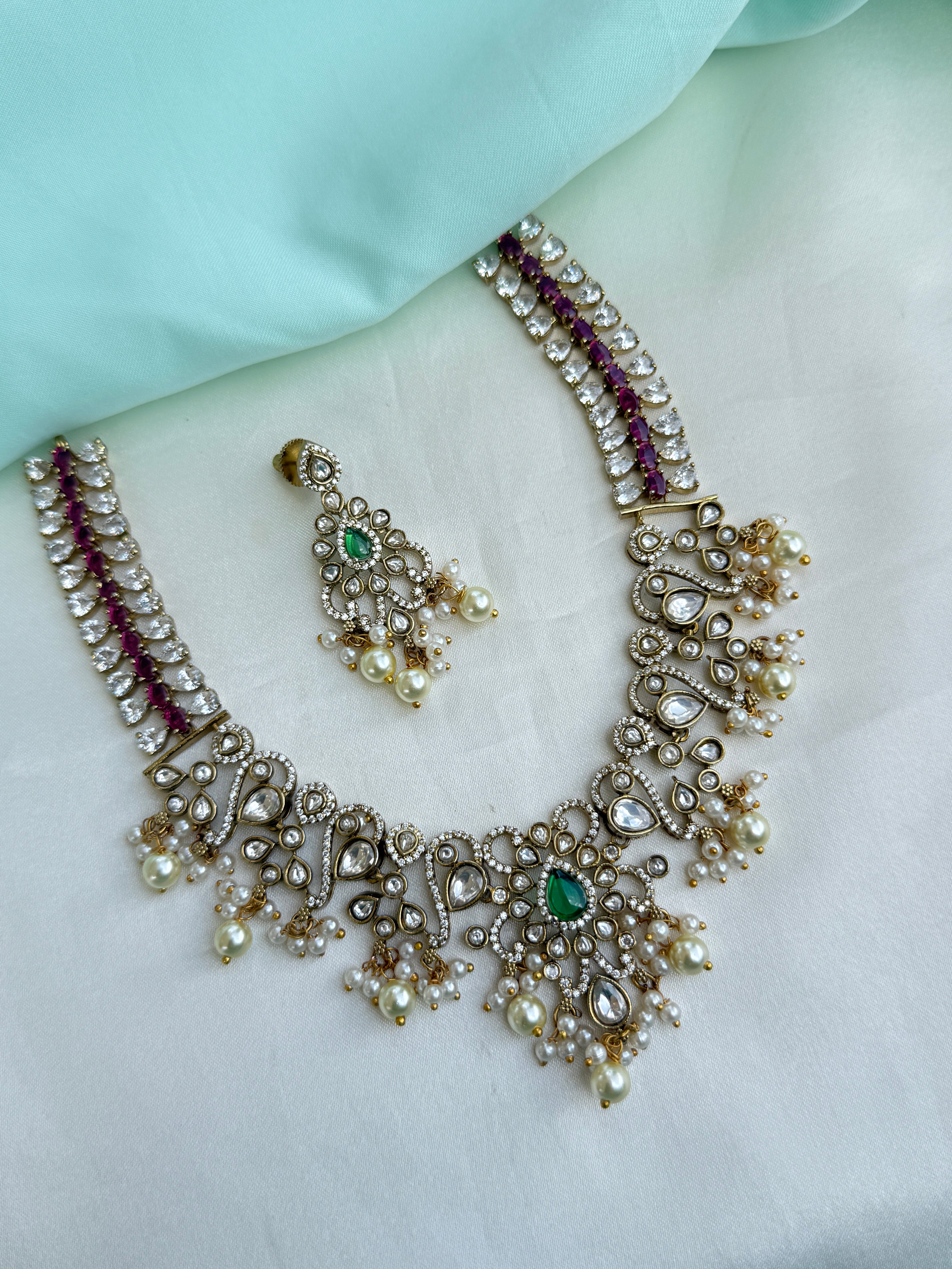 Emerald Kundan pearl Neckset with earrings ns10003