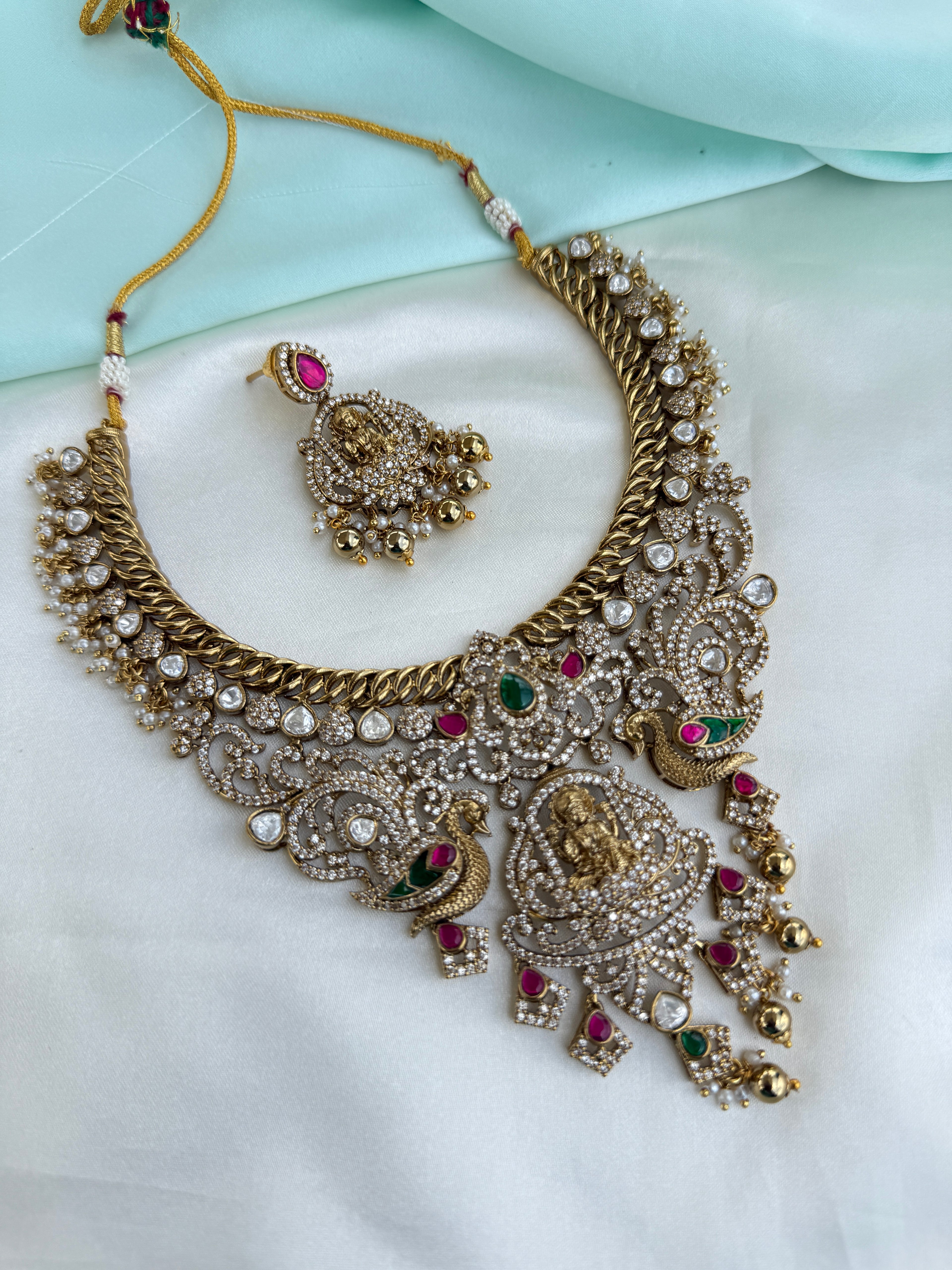 Antique Guttapusalu Temple Neckset with Lakshmi Pendant with Earrings ns219