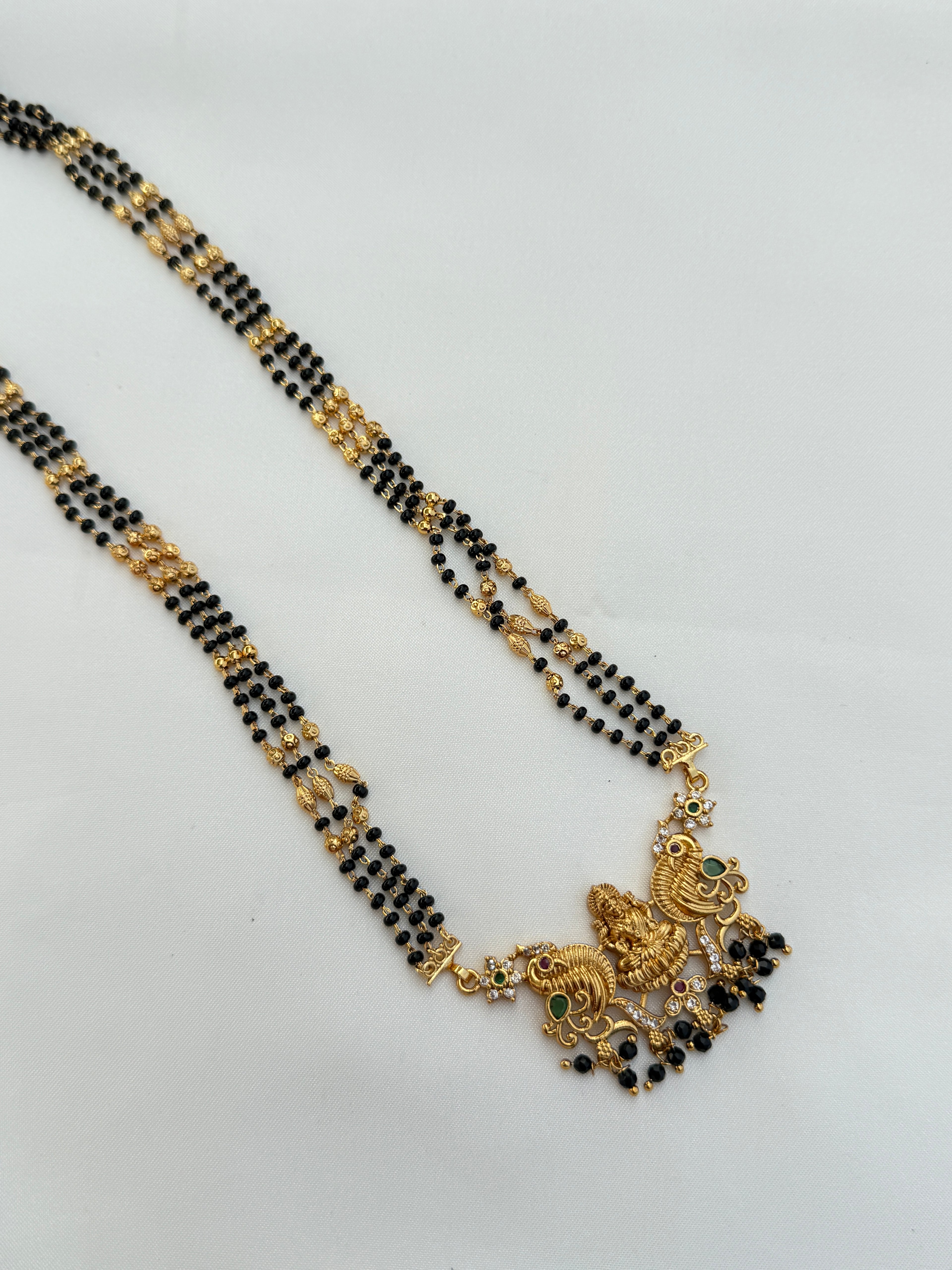 Bb028 2 lines peacock and Lakshmi devi long blackbeads chain