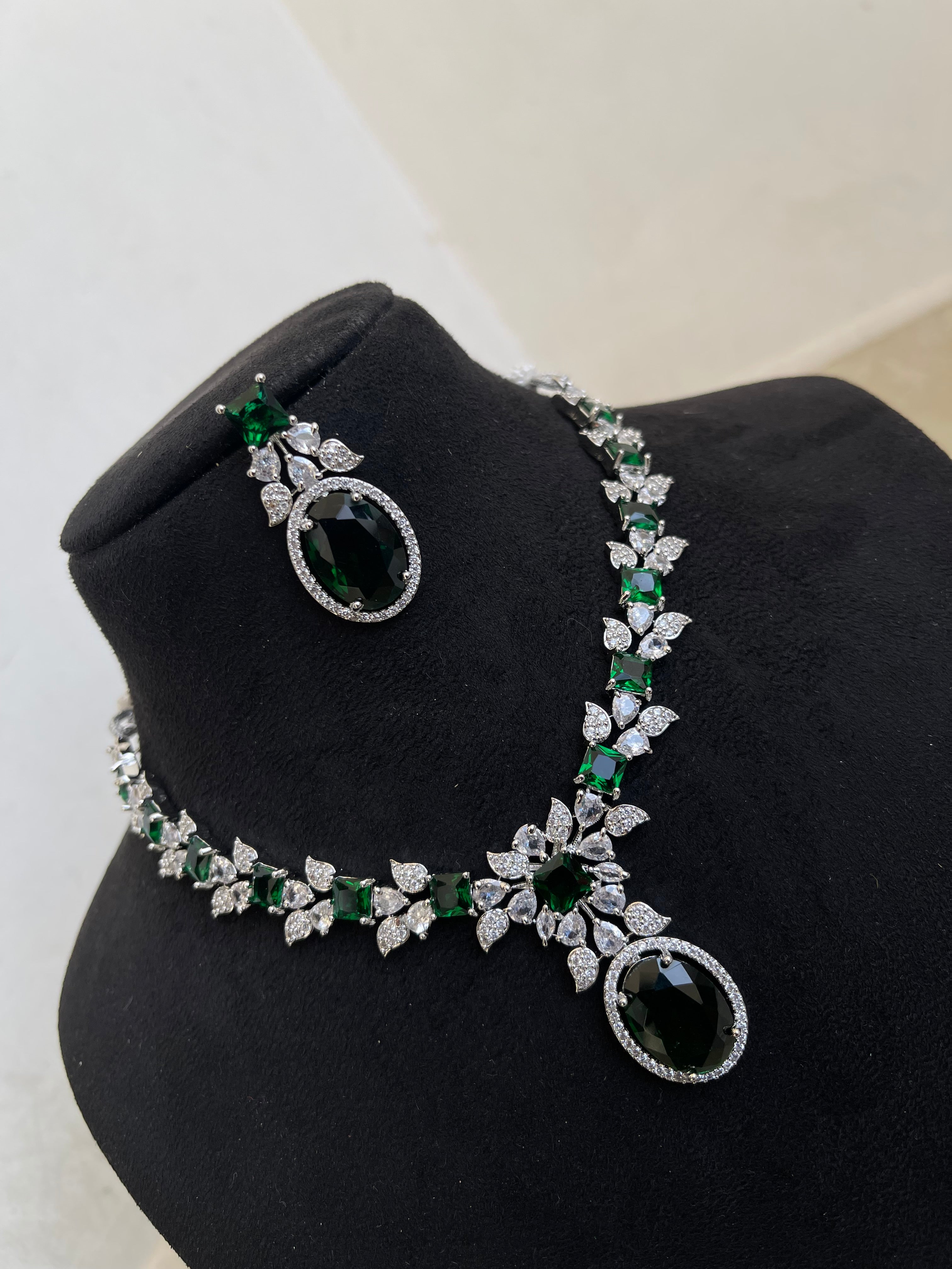 Green diamond finish drop neckset with earrings