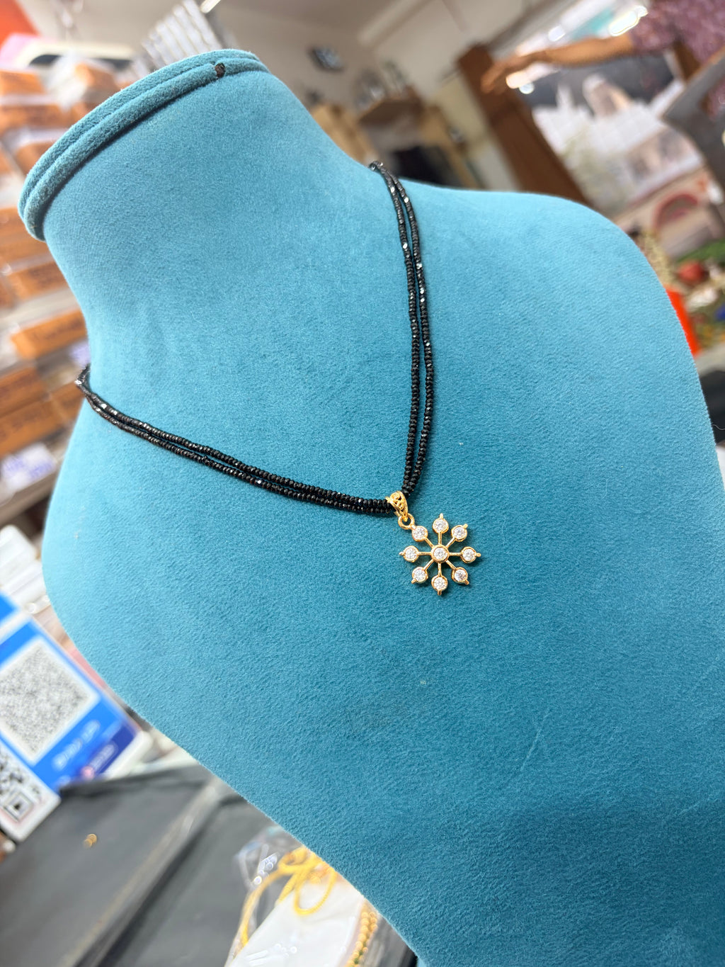 Crystal black beads with Panchaloham pendant 18 inches BB352