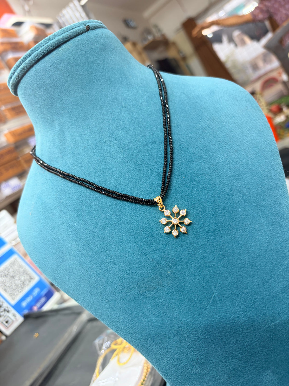 Crystal black beads with Panchaloham pendant 18 inches BB352