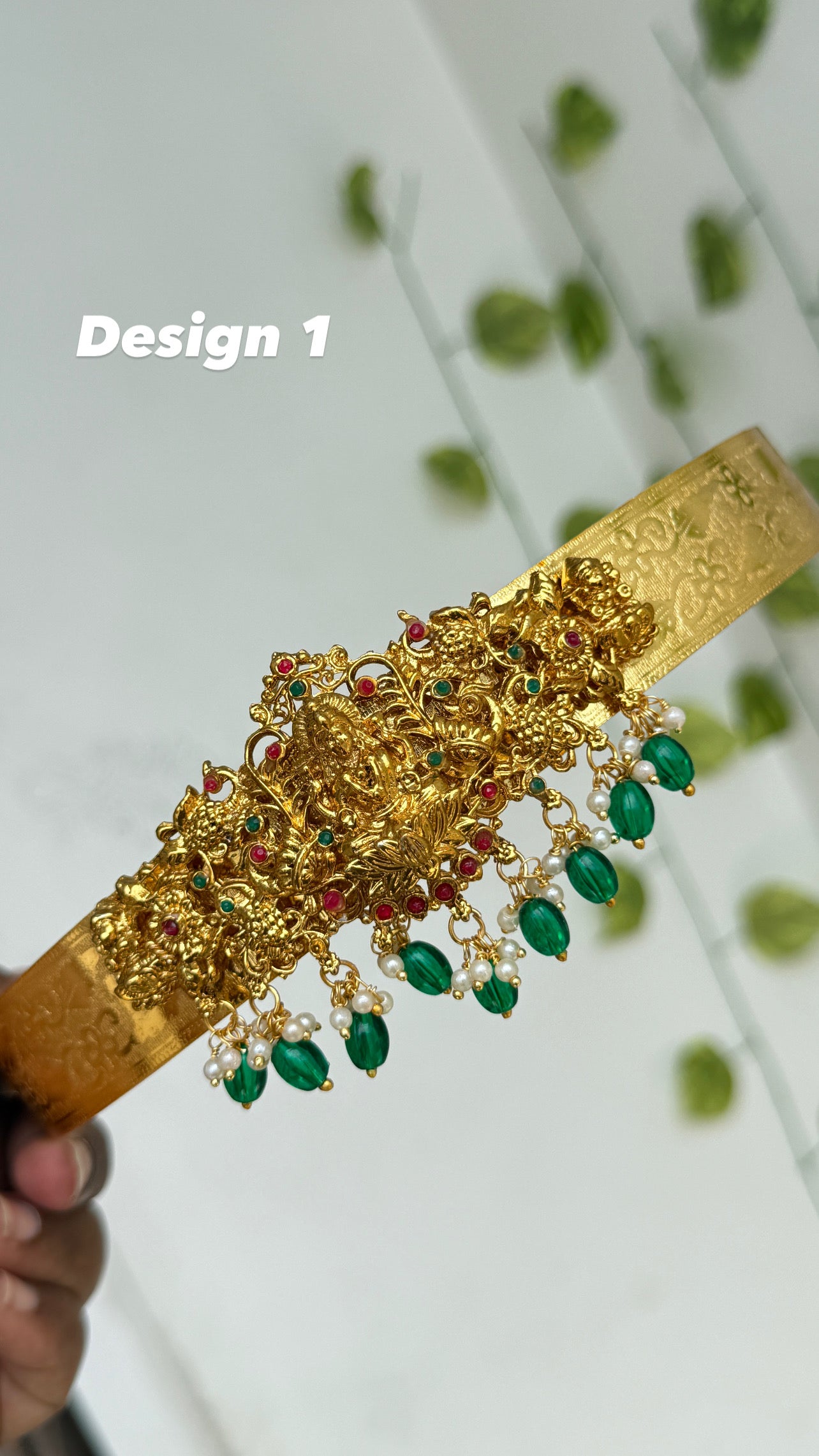 Hb703 textured Lakshmi devi with green beads hipbelt
