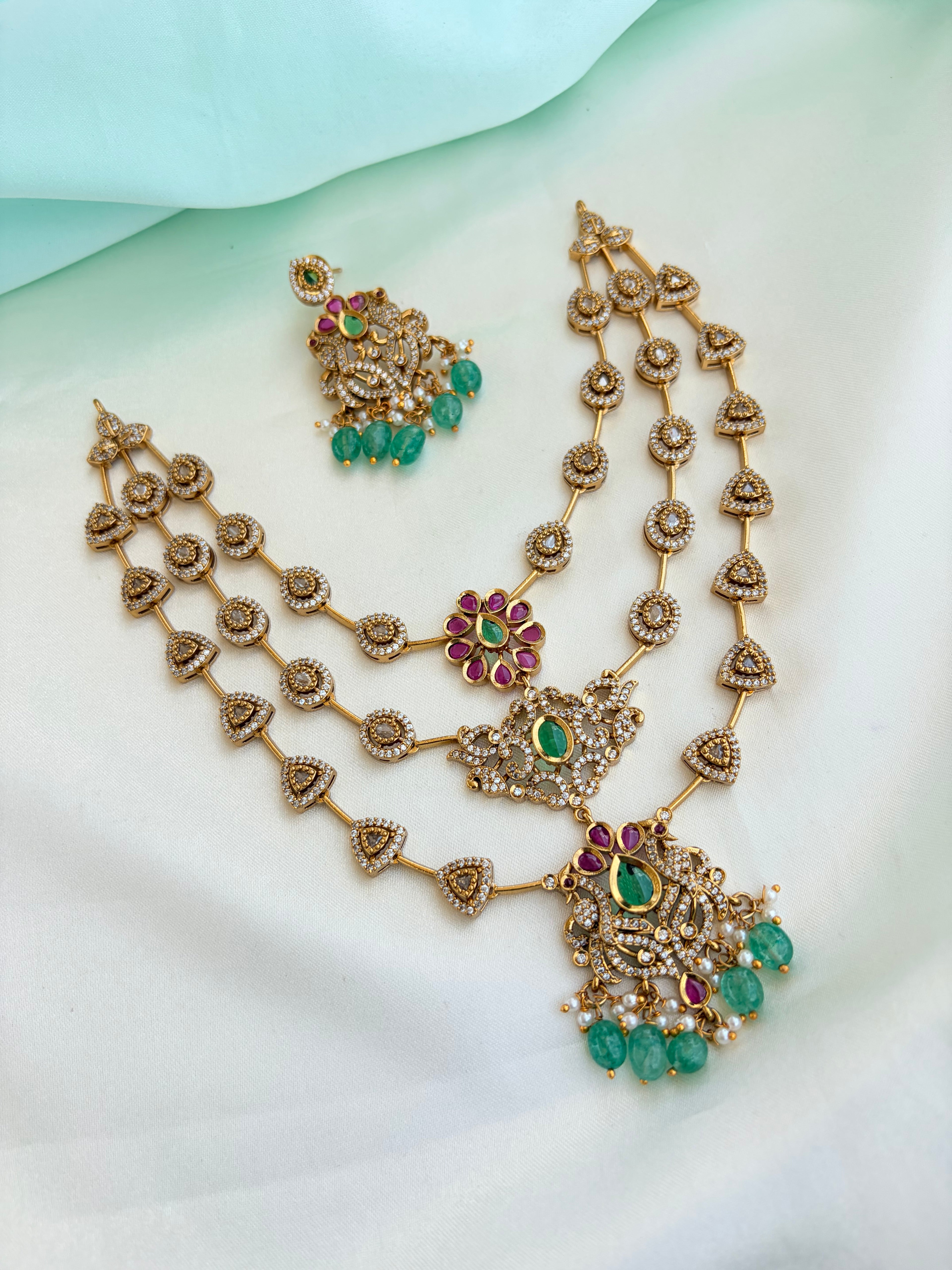 3-Layer Antique Gold Polish CZ Haram Set with Emerald Green & Ruby Pink Accents with Earrings Ns216