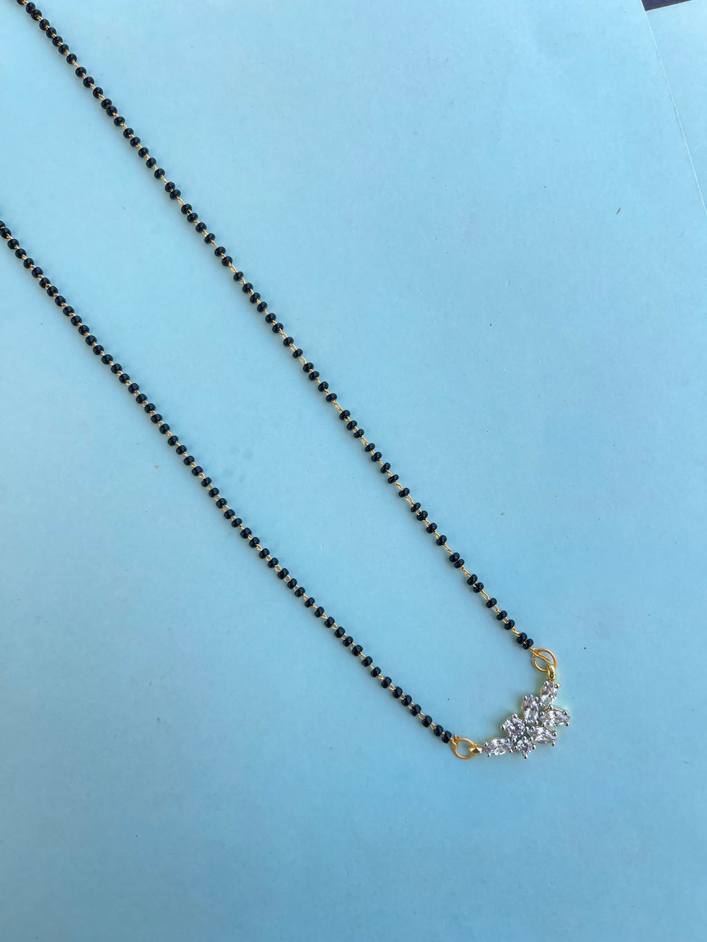 Simple petal diamond locket with earrings blackbeads (mangalsutra) bb500