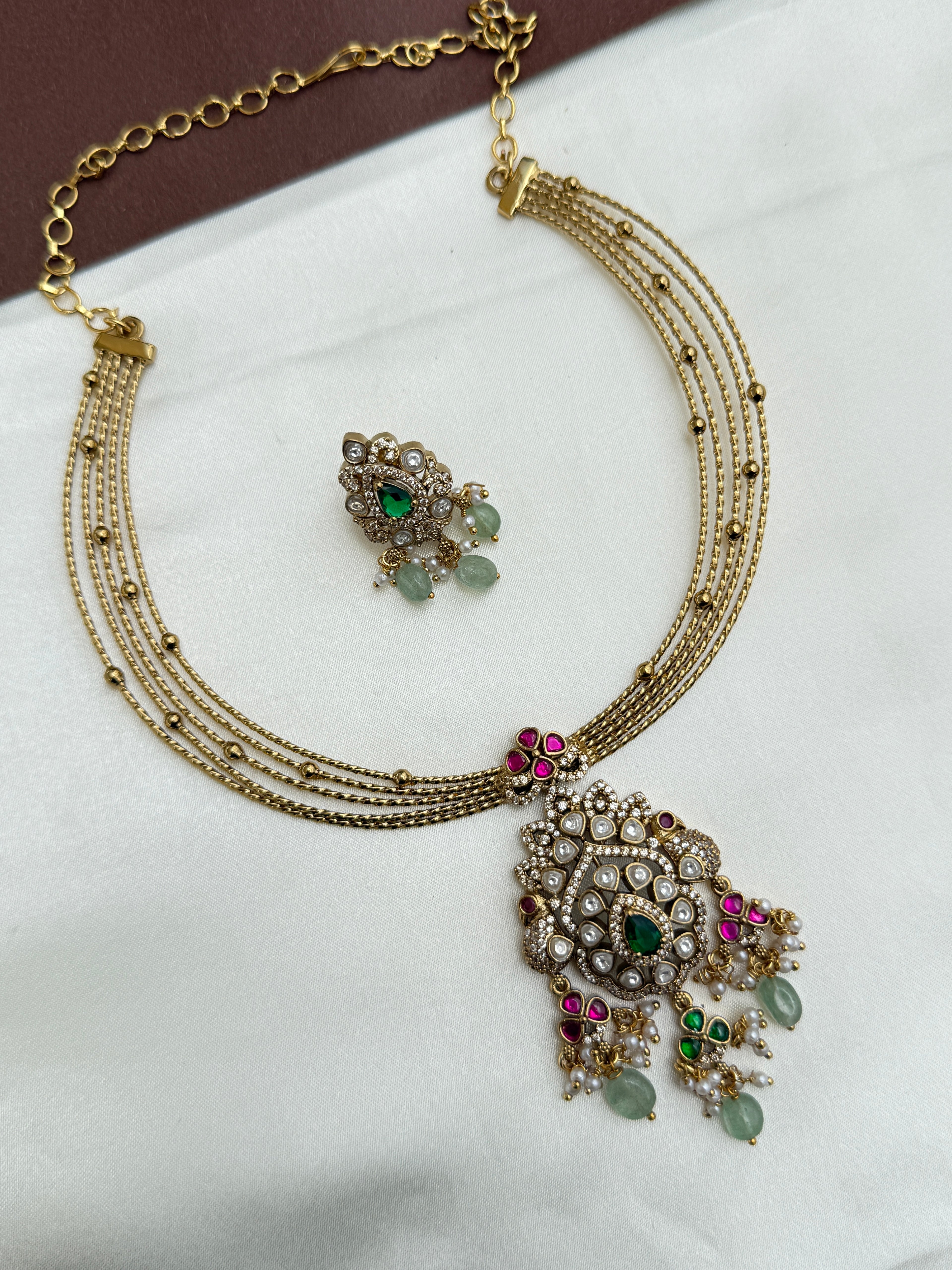 Ns374 Italian Kante with jadau kundan pendant and earrings