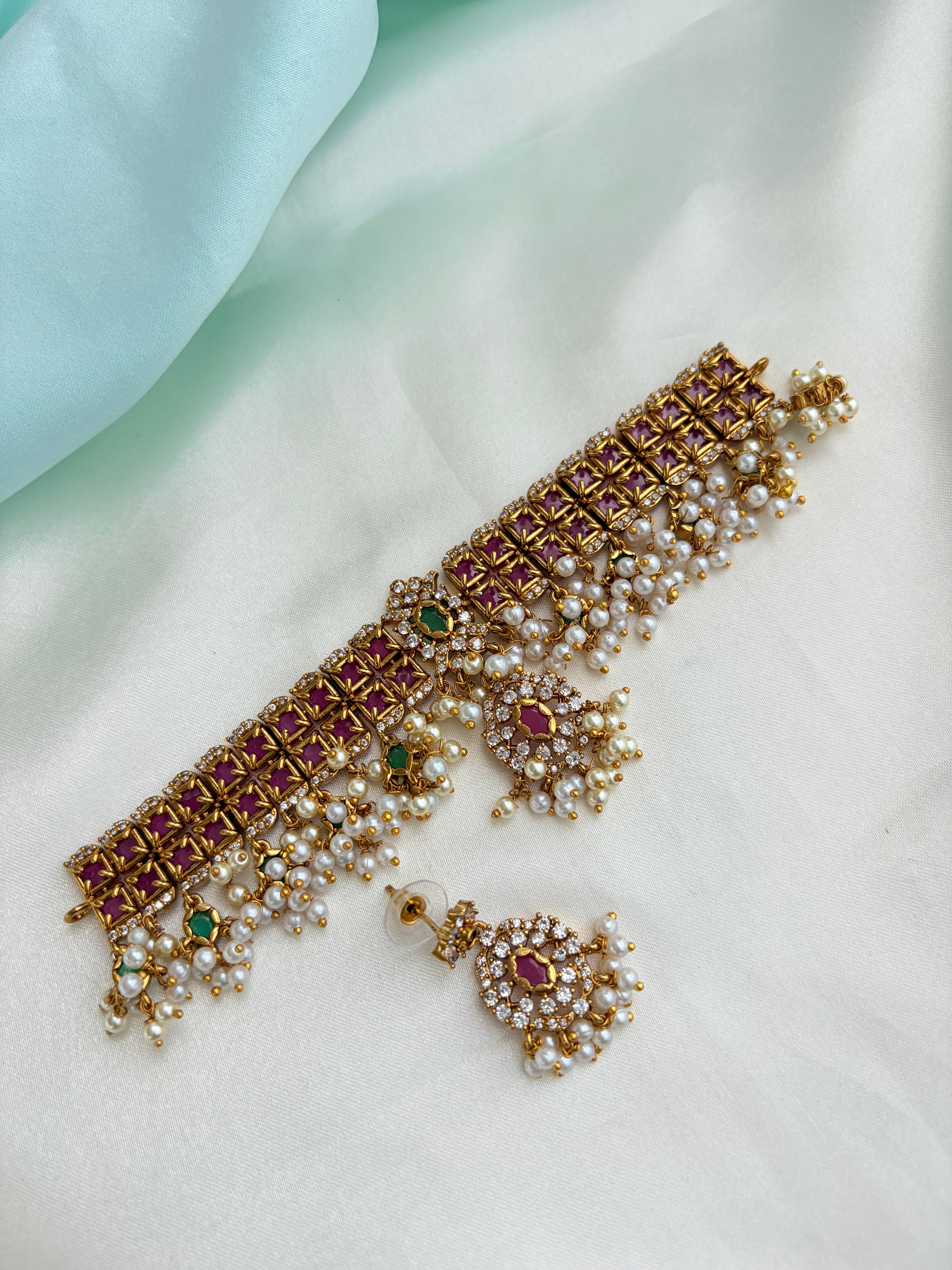 Ruby Pearl Heritage Choker Set with Earrings Ns889