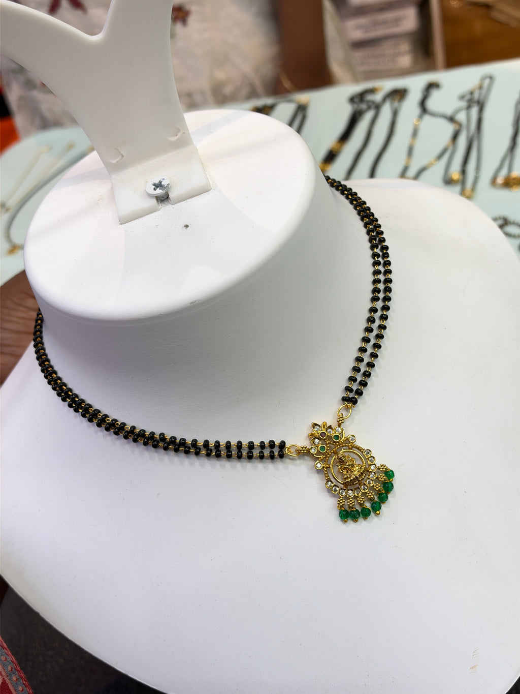 Lakshmidevi green stone two line black beads 18 inches BB418