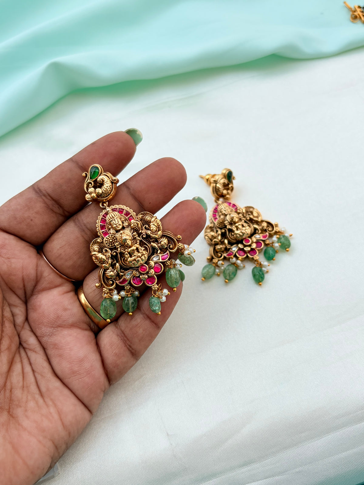 Jadau Kundan Lakshmidevi green beads back crew earrings er928