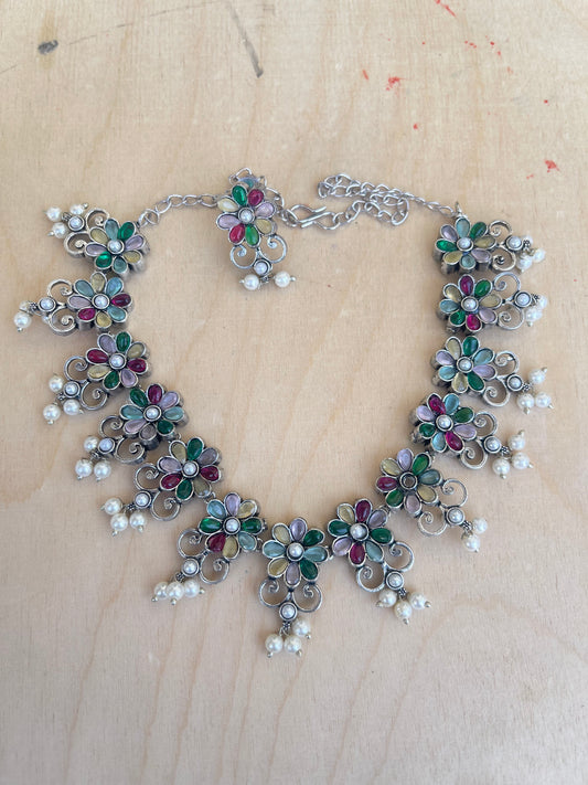 Oxidised multi pastel pearl neckset with earrings