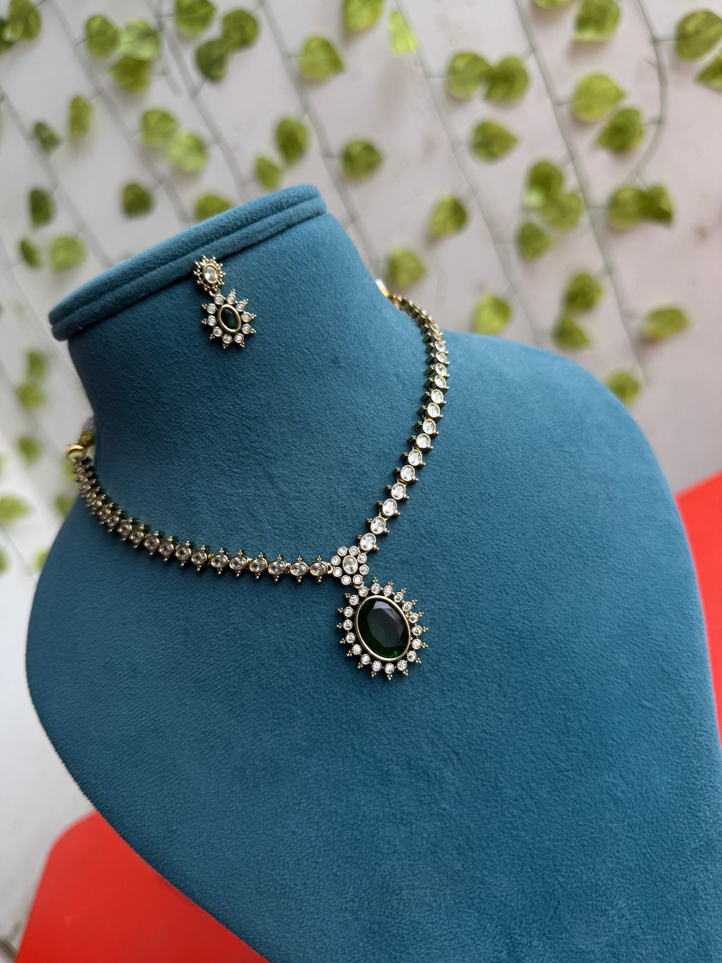 Ns854 green pendant full stones short neckset with earrings