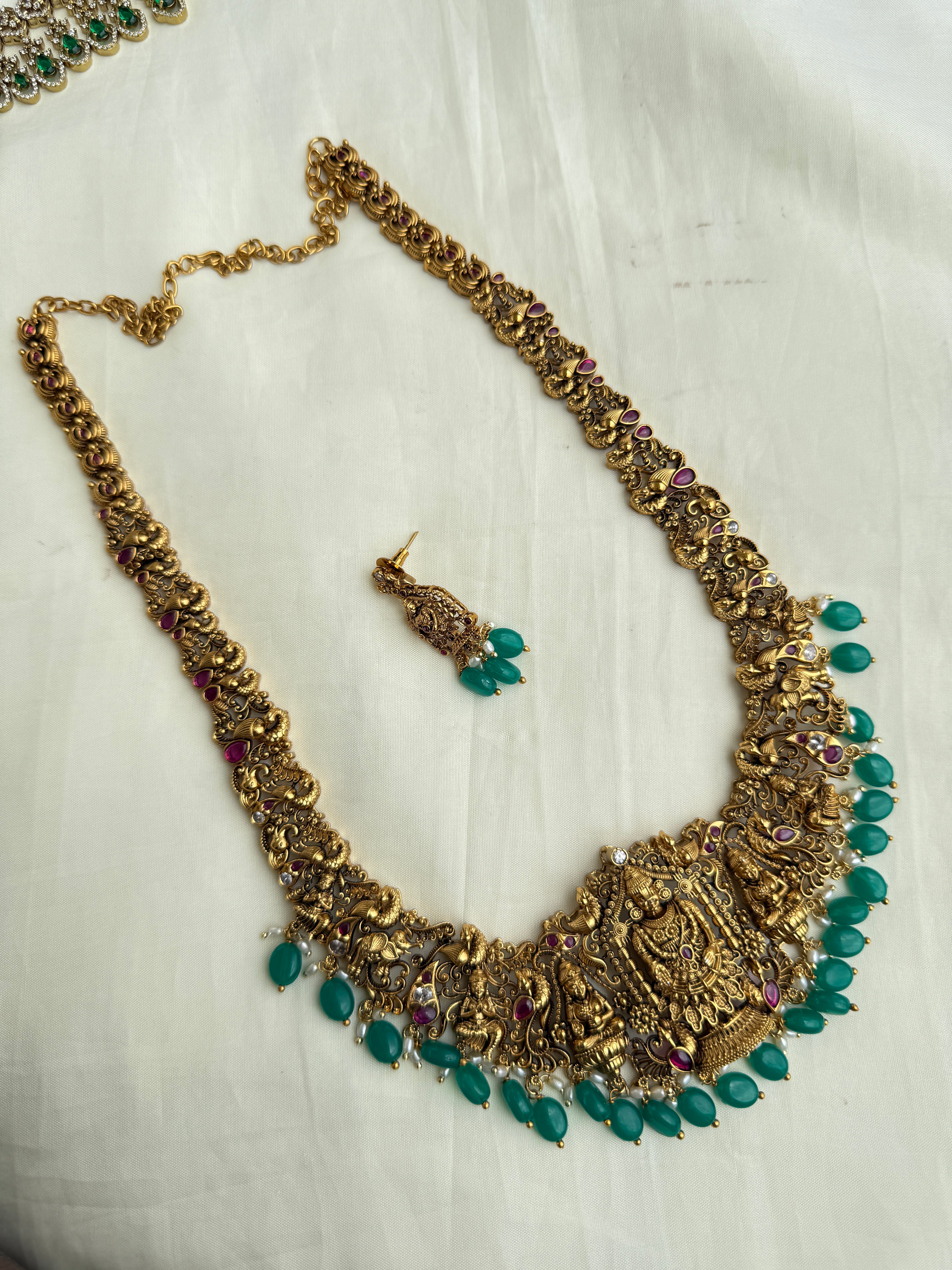 Lh2021 Lakshmi Devi green beads long haram