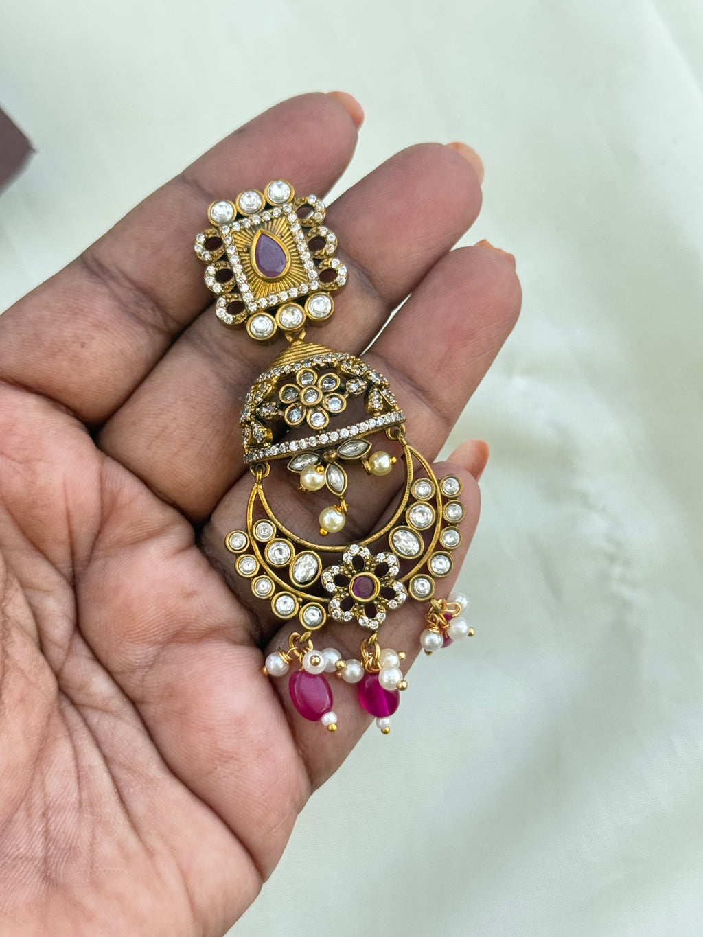 Er2054 mehandi finish pink beads chandbali earrings